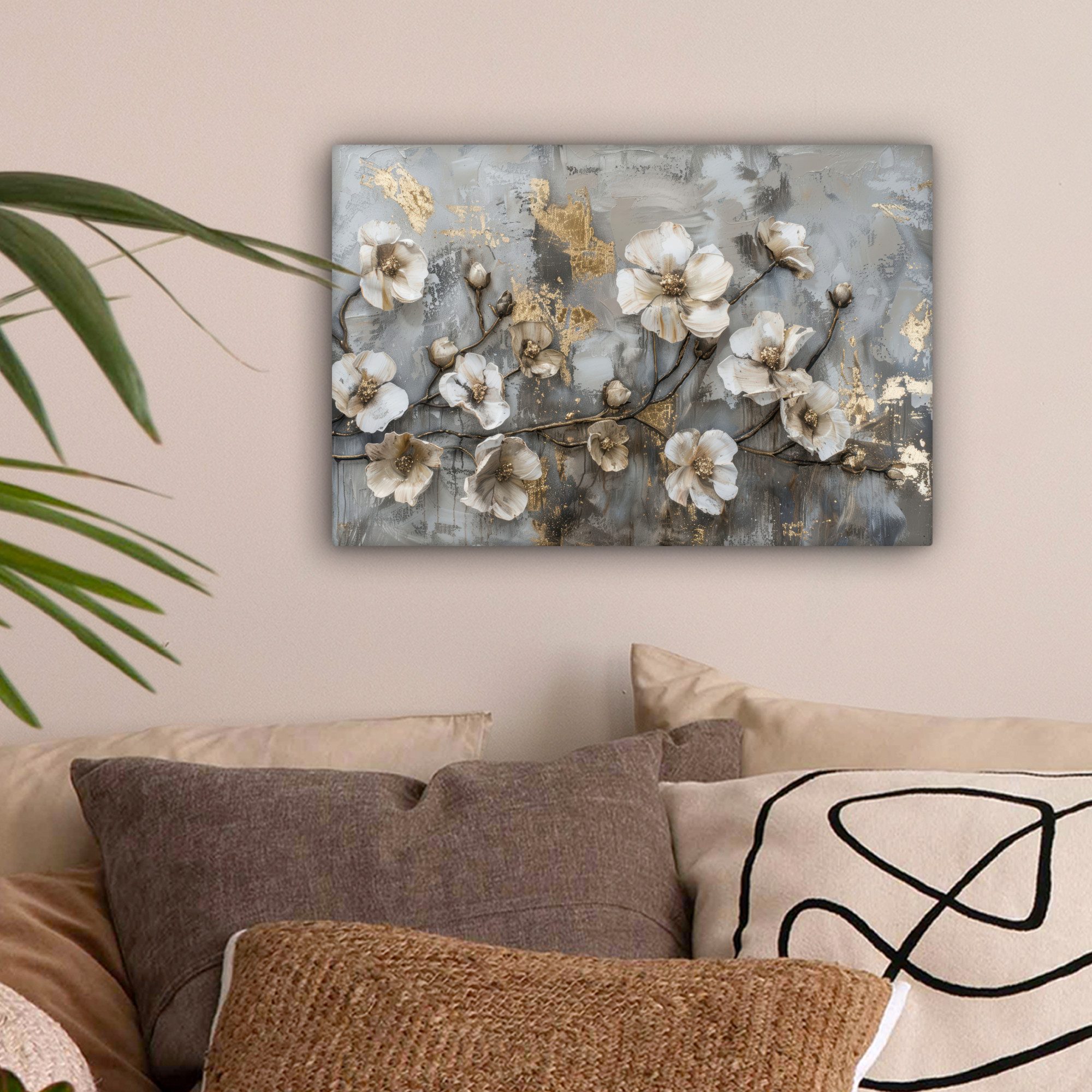 OneMillionCanvasses® Leinwandbild Blumen - Weiß - Grau - Gold - Luxus, Foto günstig online kaufen