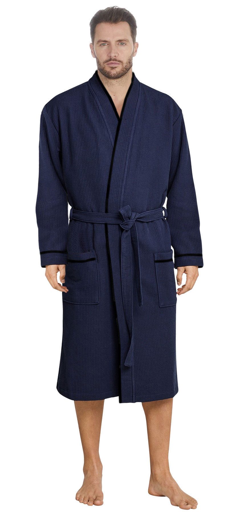 Badekönig Herrenbademantel Waffelpique, Kapuze, Gürtel, Langform Blau 100% günstig online kaufen