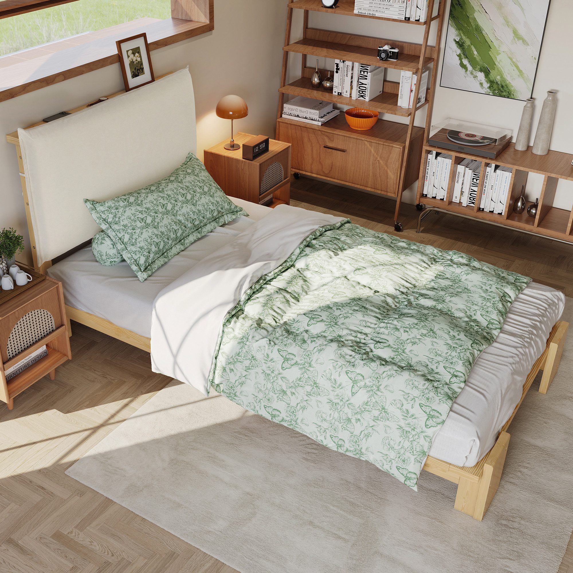 HAUSS SPOLE Polsterbett mit Ruckenlehne,90x200Kinderbett Einzelbett mit Breitere Bettbeine (stabilen Lattenrosten und breiteren Bettbeinen, Kinderbett Gästebett, 90x200 cm), ohne Matratze