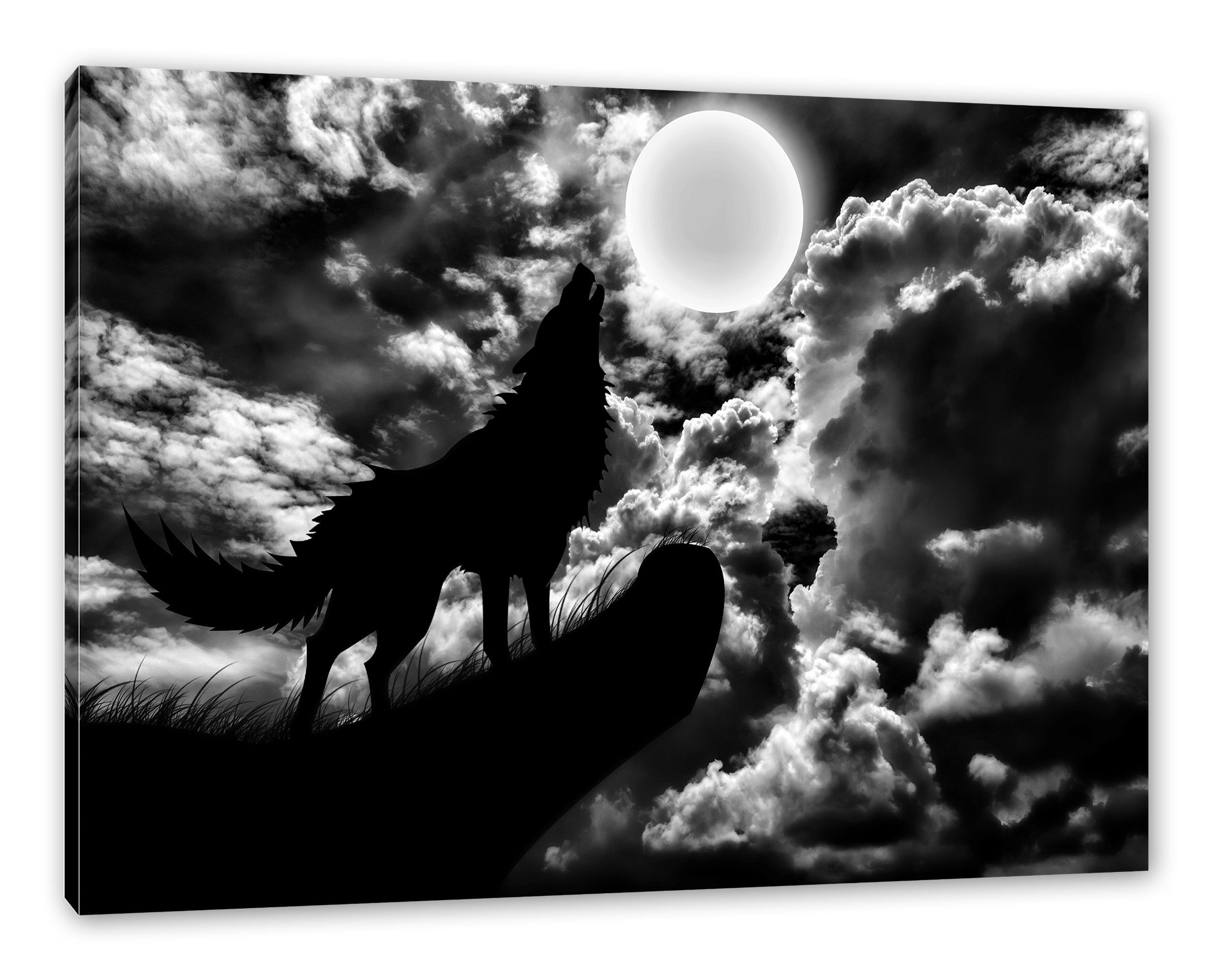St), Pixxprint inkl. im Mondschein, fertig Mondschein (1 Wolf Leinwandbild im Leinwandbild Wolf bespannt, Zackenaufhänger