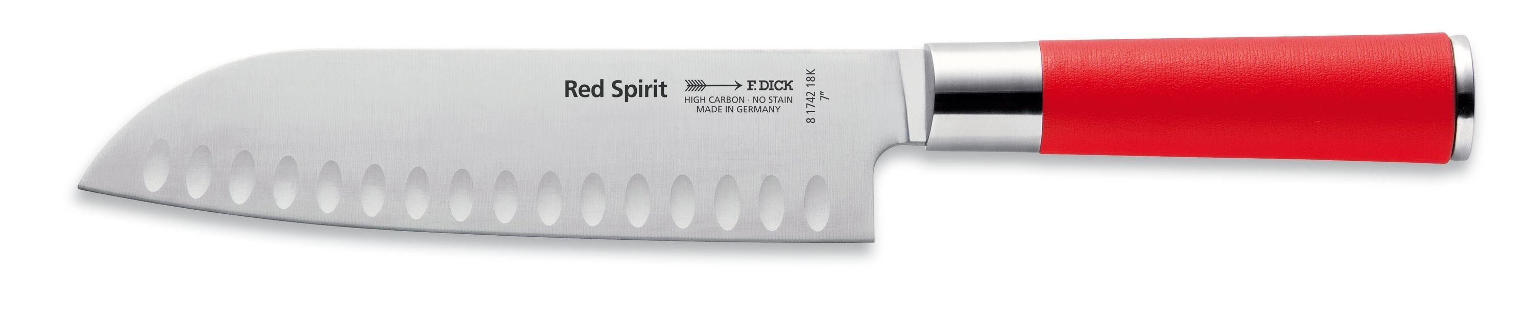 Dick Santokumesser Red Spirit, Santoku-Messer Red Spirit 18 cm Profi  Allzweck-Küchenmesser mit Kullenschliff Rostfreier Edelstahl 56° HRC