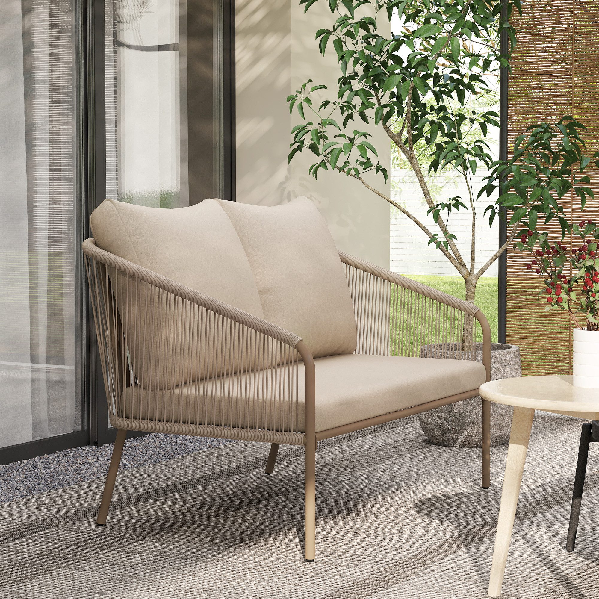 Outsunny Gartensofa 2-Sitzer Rattansofa, Couch 1 Teile, für Garten Terrasse Balkon, Poly Rattan Beige