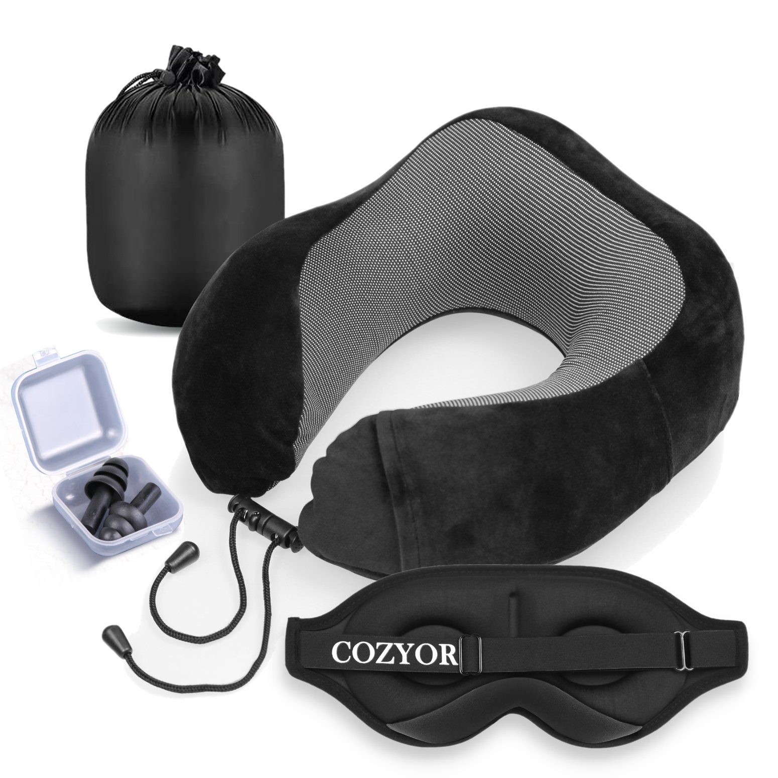Cozyor Schlafmaske 100% Blackout-Effekt 3D Augenmaske mit ergonomischem Design, Reiseset klein & kompakt, schwarz Eclipse, Schlafmaske + Nackenkissen & Ohrstöpsel, extra Polsterung und variable Passform