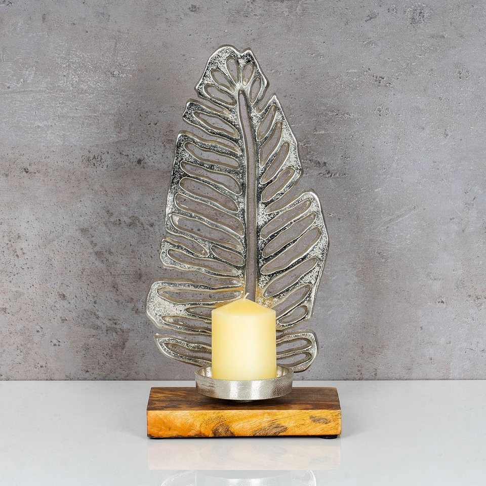 Levandeo® Kerzenständer, Kerzenständer 35cm Kerzenhalter Mango Holz Blatt  Silber Tischdeko