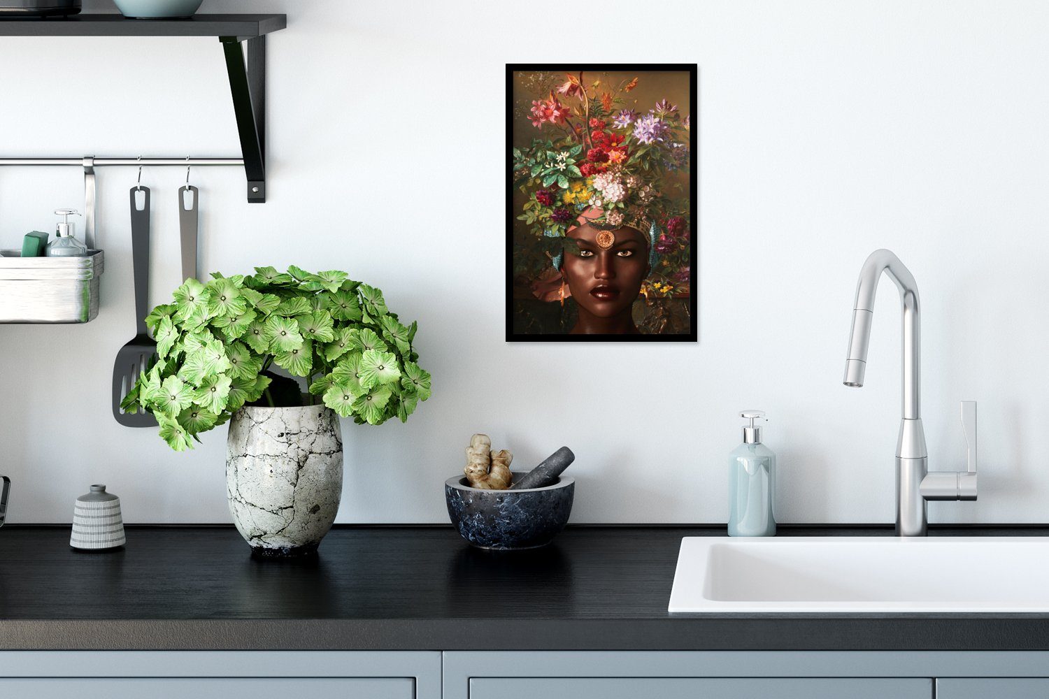 Schwarzem Wandposter, MuchoWow - Blumen Bilderrahmen Wanddeko, Poster, Frau St), (1 Farben, Bilder, Gerahmtes - Poster