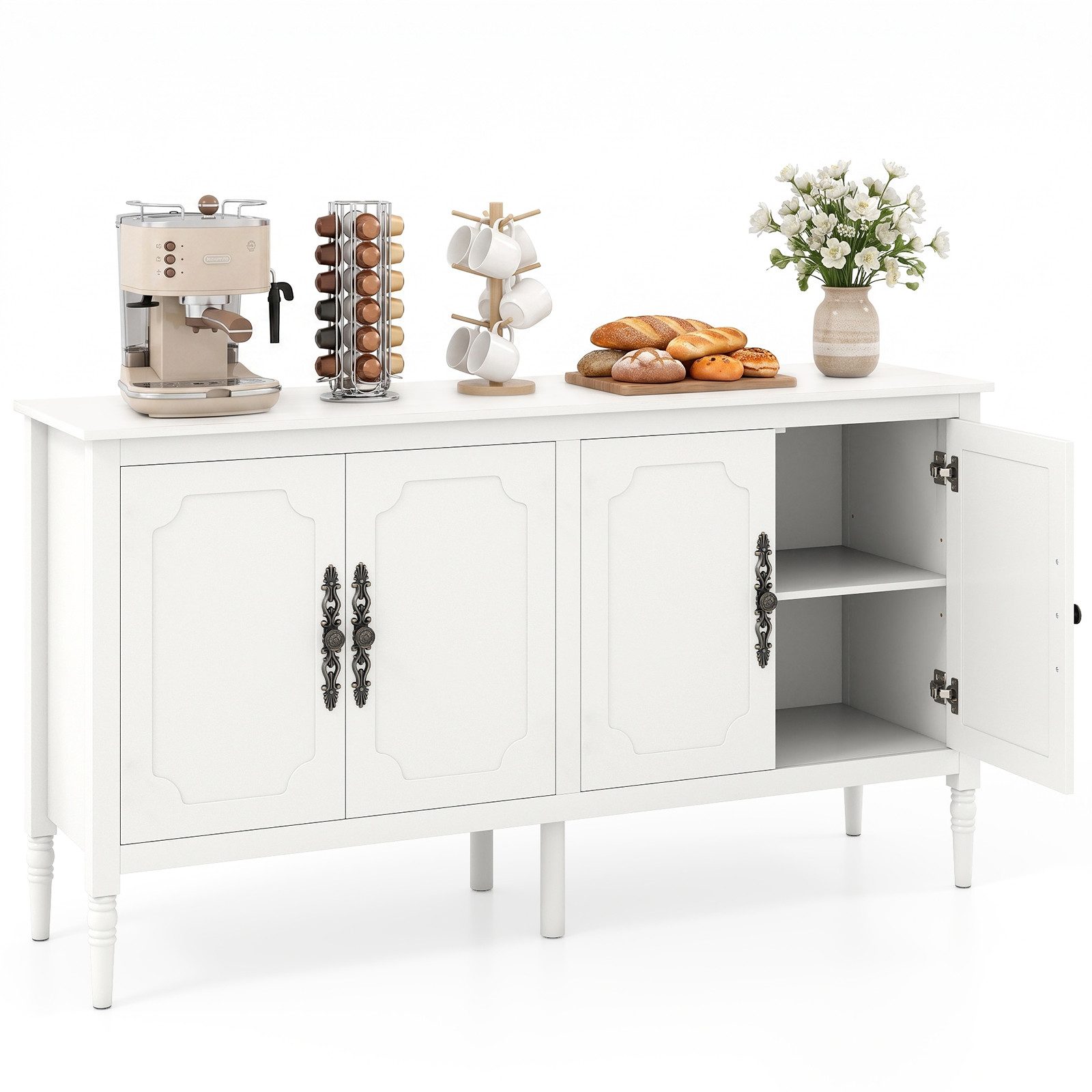 COSTWAY Sideboard Holz Küchenschrank mit Arbeitsplatte & verstellbaren Einlegeböden, 148 x 80,5 x 39,5cm