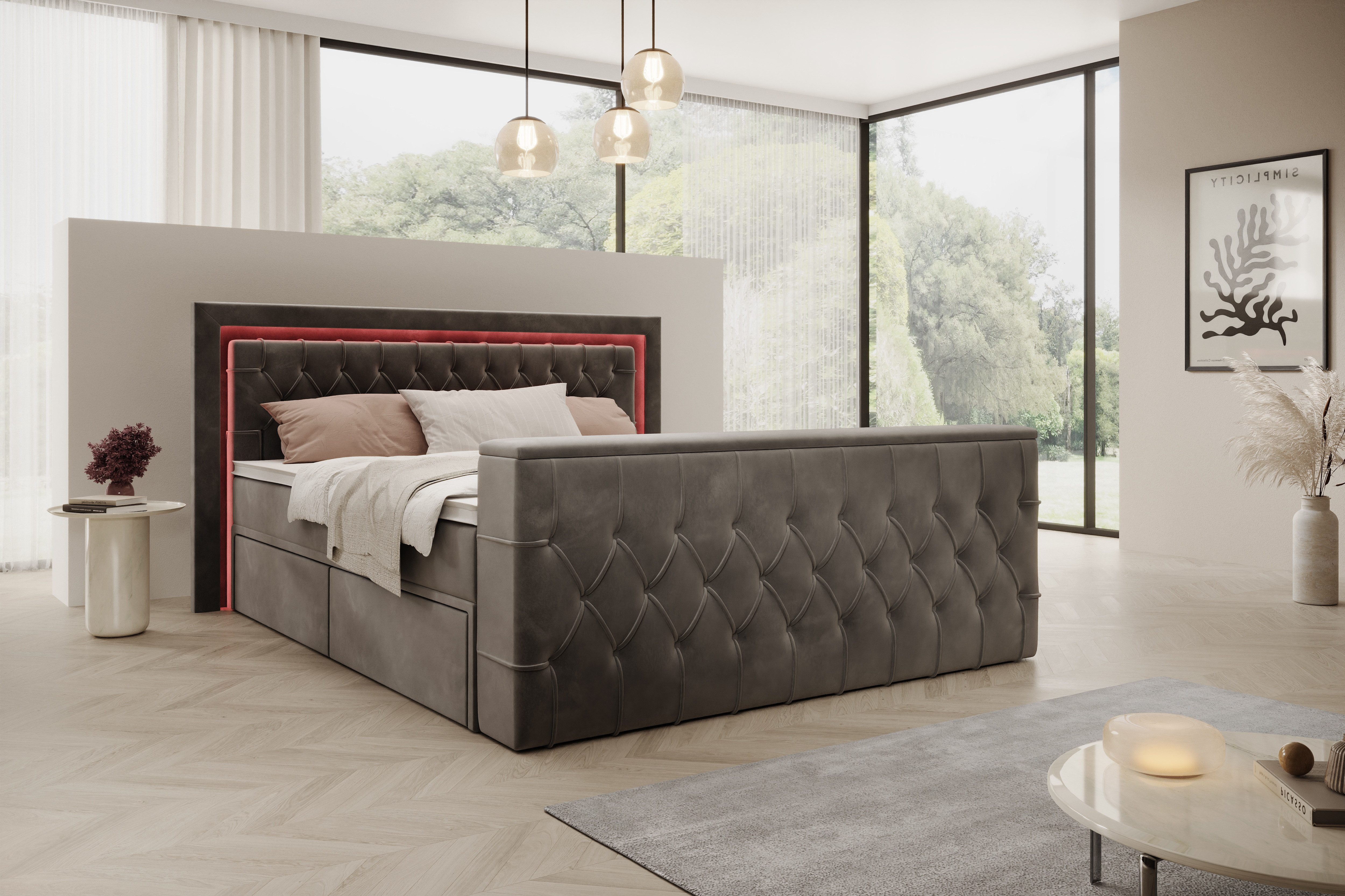 PROMETO Möbel Boxspringbett Doppelbett mit Matratze, Schubladen TV-Lift LED günstig online kaufen