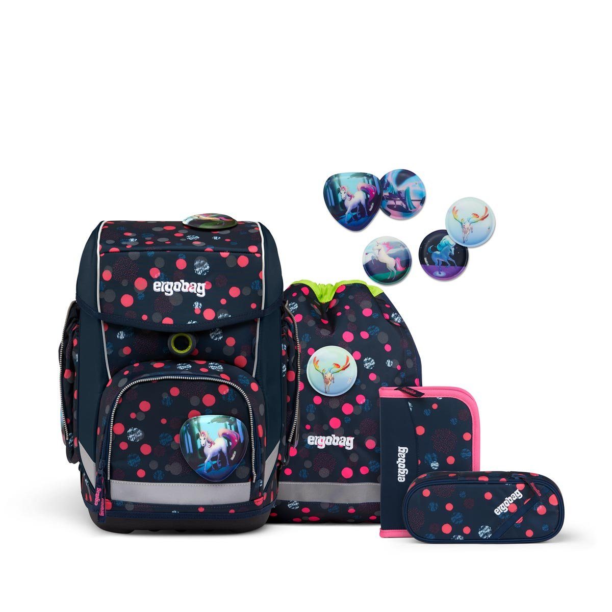 ergobag Schulranzen cubo 5-tlg.Schulranzen-Set (Set, 5-tlg., mit Sportbeutel, inkl. Kletties-Set (5-tlg), Federmäppchen (22-tlg), Schlampermäppchen), mit festen Seitentaschen