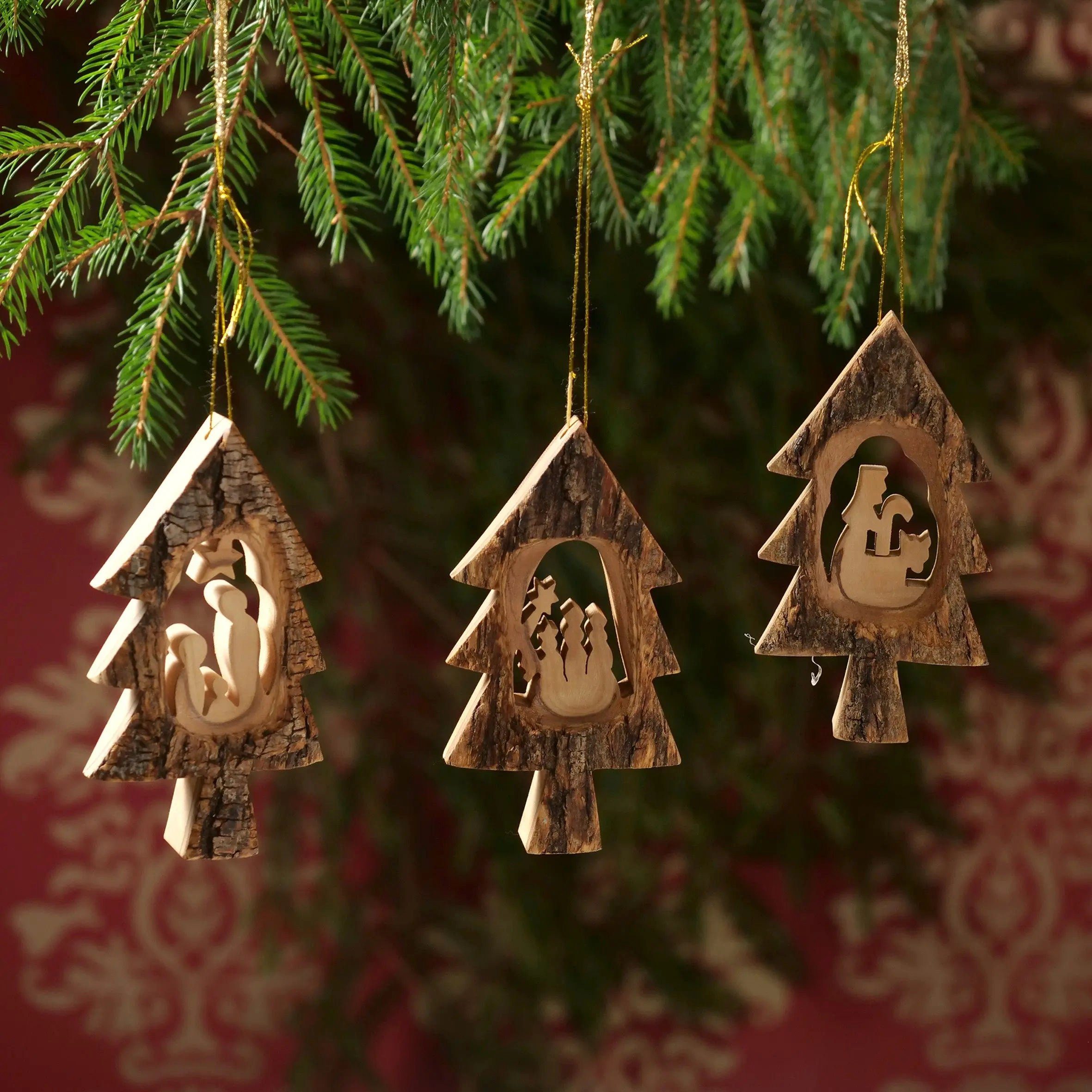 Rinde Kassis Tannenbaum, handgemacht, umweltfreundlich, mit Dekoobjekt Bethlehem, Weihnachtsdeko Baumschmuck aus Olivenholzdeko, im Krippe