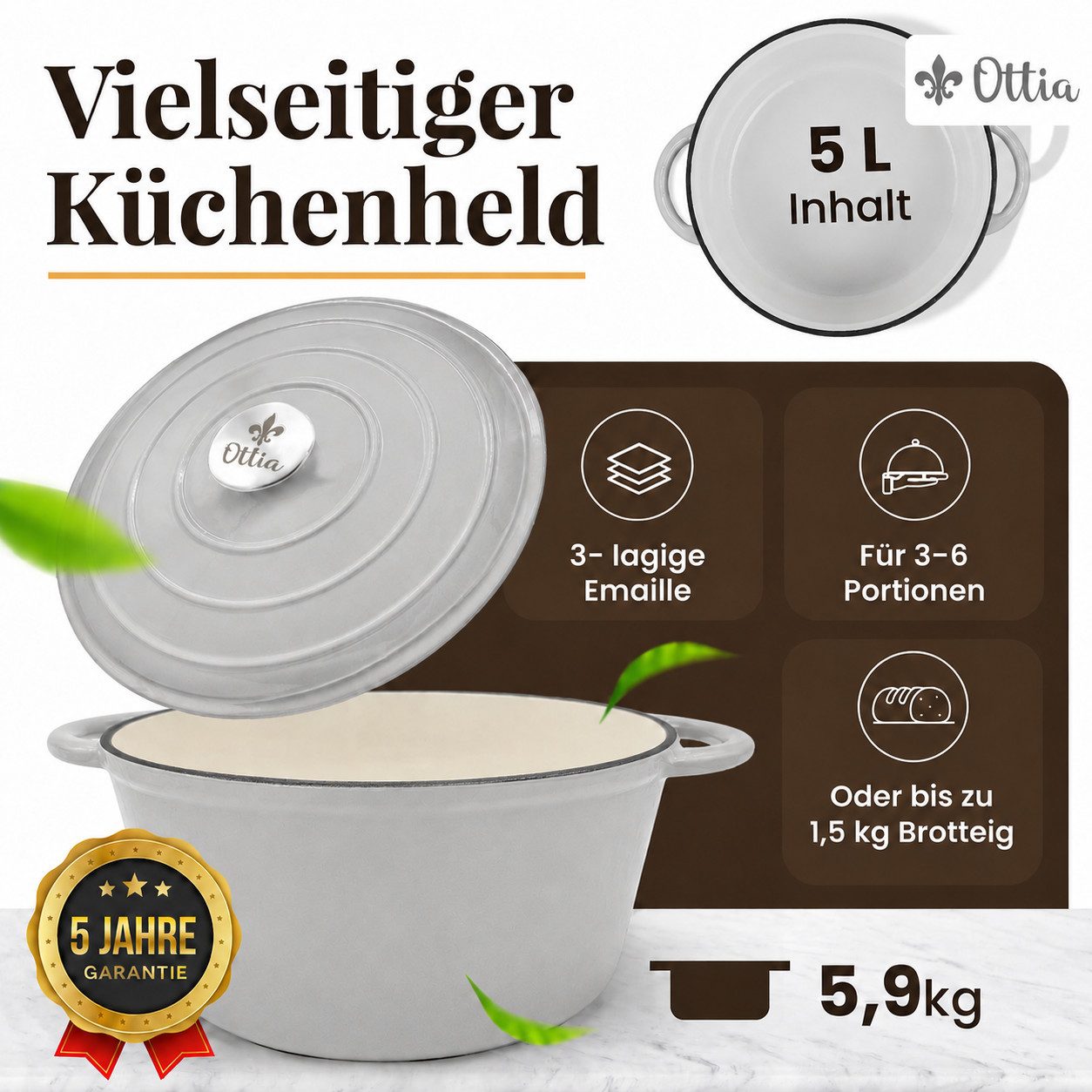 Ottia Schmortopf Gusseisen Topf lc, 26cm groß, 5L, Bräter, Brotbacktopf mit E-Book., Gusseisen, 3-fach Emaille, Händler aus Hamburg