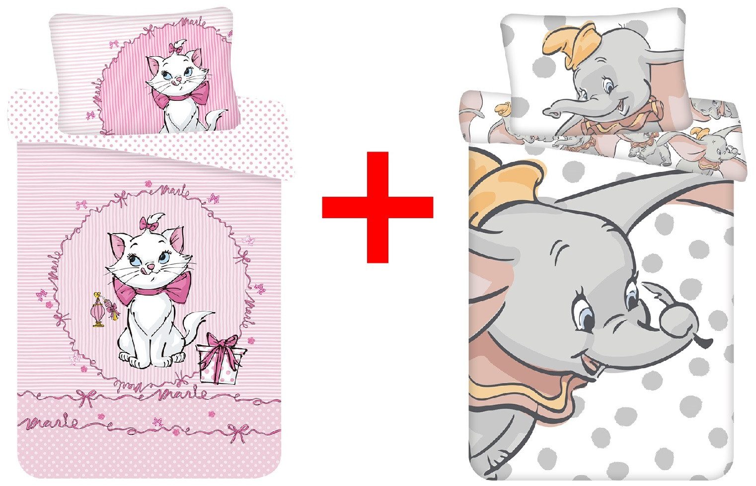 Disney Kinderbettwäsche Disney Dumbo + Aristocats, 2 x Bettwäsche-Sets 100x135cm Katzen, Renforcé, 2 teilig, 100 % Baumwolle, langlebiges Material
