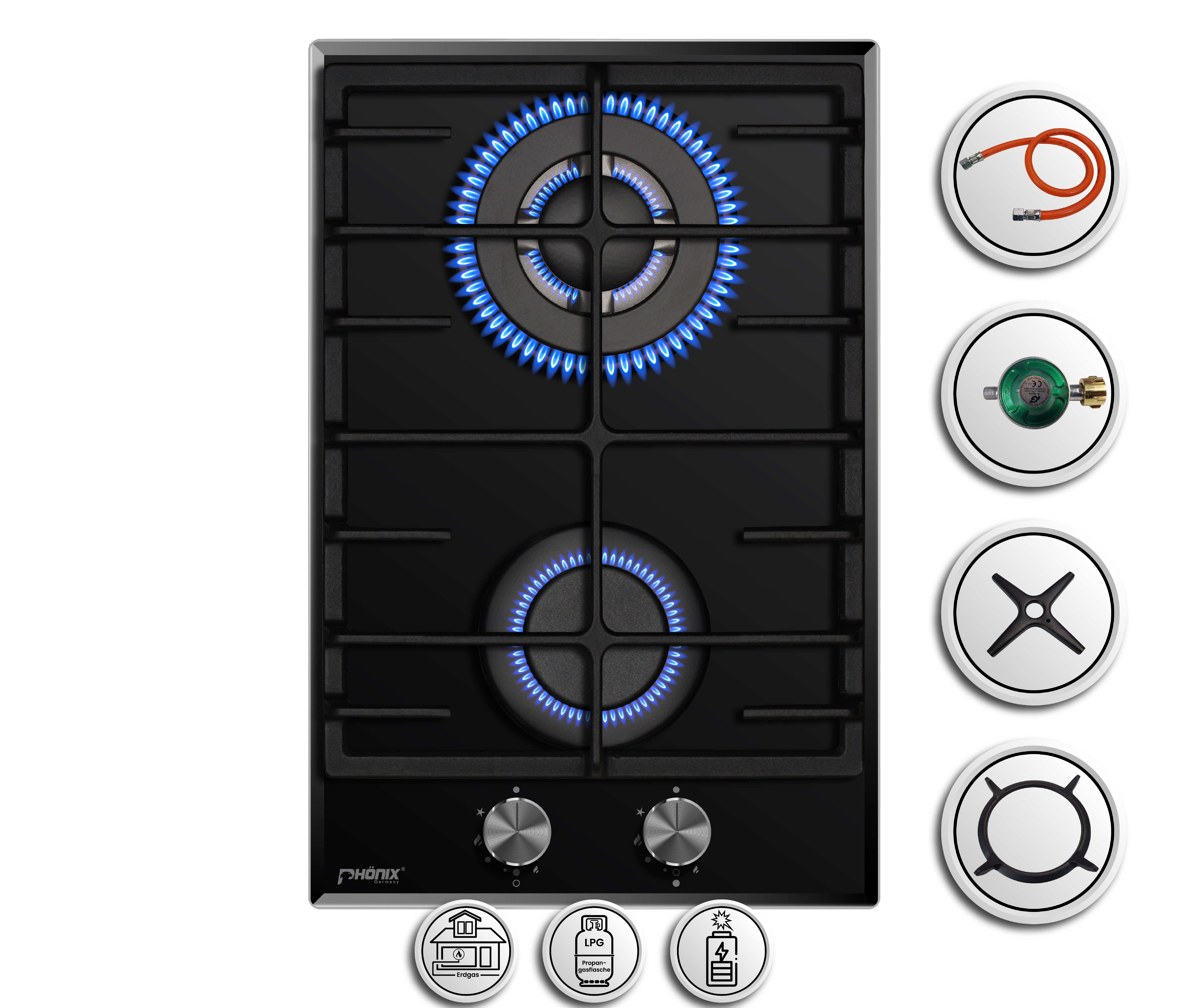 Phönix Germany Gas-Kochfeld 112-GBT, Gaskocher 2 flammig Glas mit Zündsicherung, Propan- / Erdgas