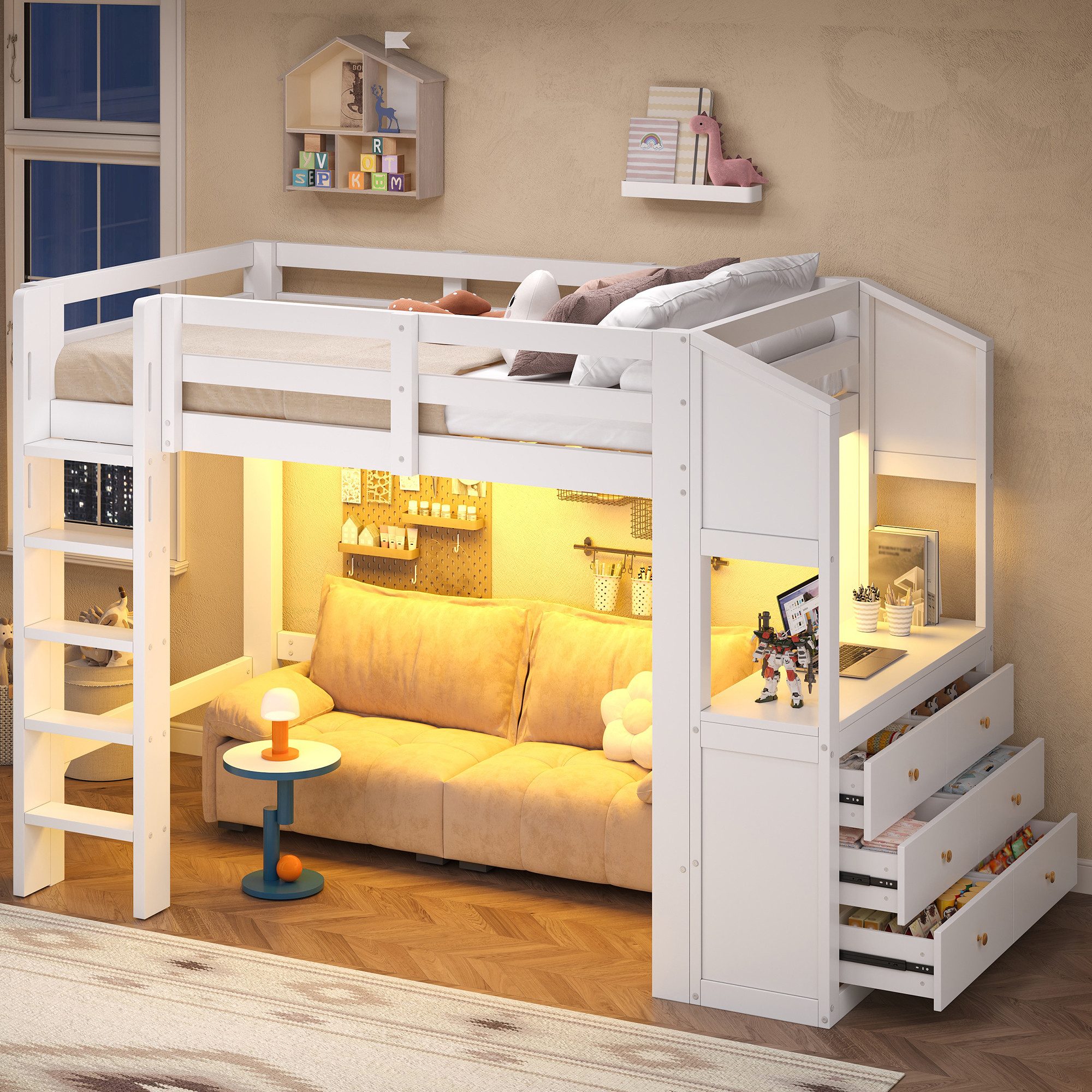 Ulife Hochbett 90x200 großes mit Schreibtisch, LED-Beleuchtung, Stauraum, weiß (3-St) – Bild 4 von 5