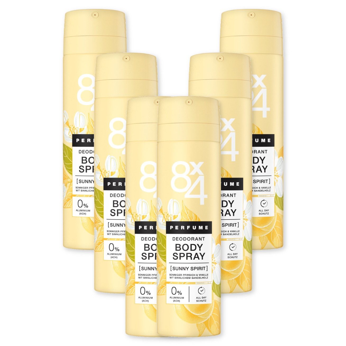 8x4 Bodyspray Sunny Spirit 6 x 150ml sunny Pfirsich cozy Vanille Sandelholz, Set, 6-tlg., 0% Aluminium (ACH)