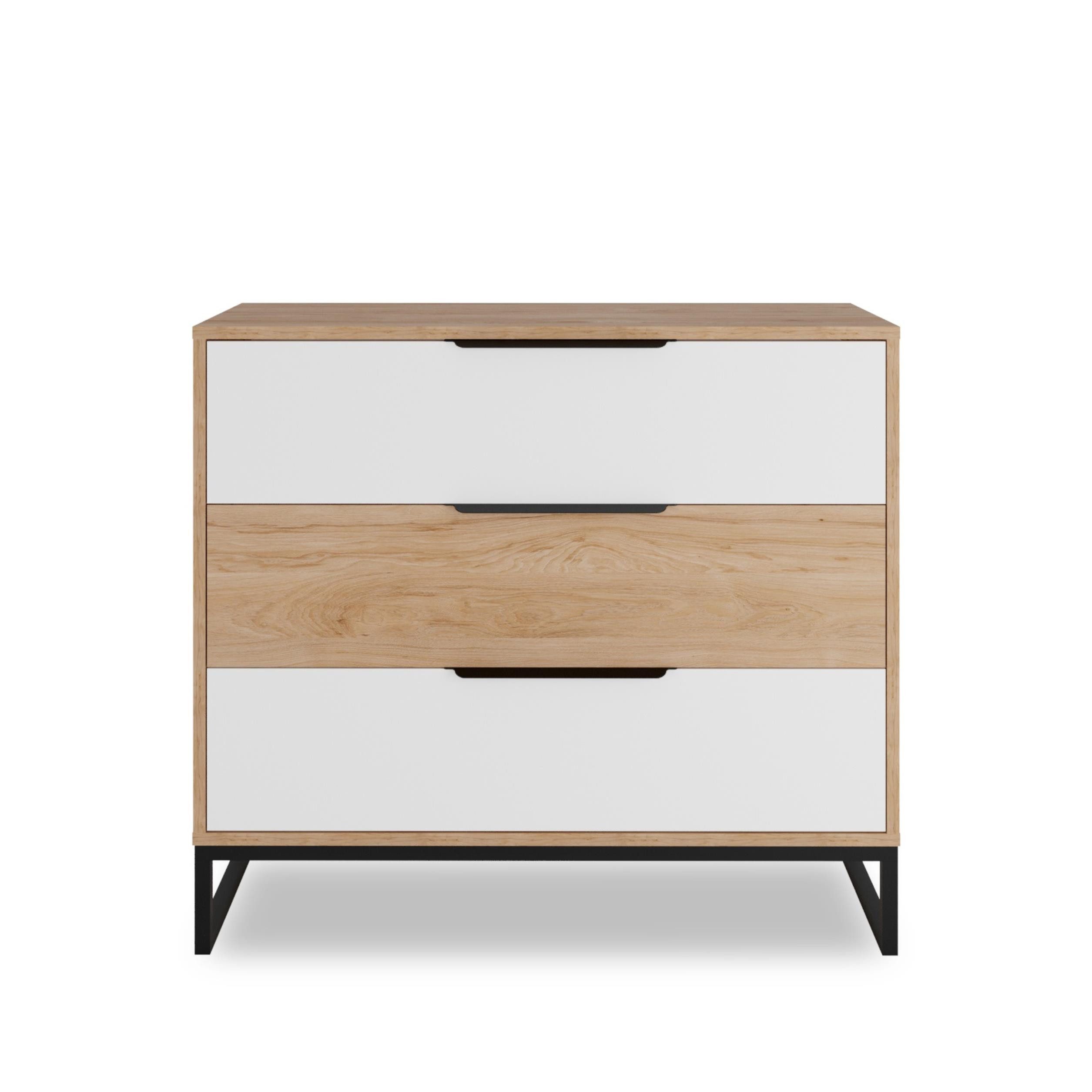 Furnix Kommode LENDRI Sideboard mit 3 Schubladen Metallgestell Hickory/Weiß, Maße 90x80x40 cm, multifunktional, Design & Funktionalität