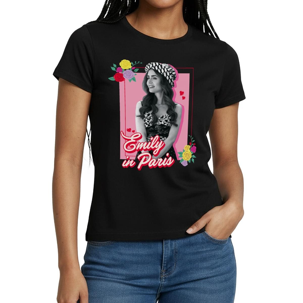 Spreadshirt T-Shirt Emily In Paris Emily Schwarz-Weiß Bild Mit Blumen Frauen T-Shirt (1-tlg)