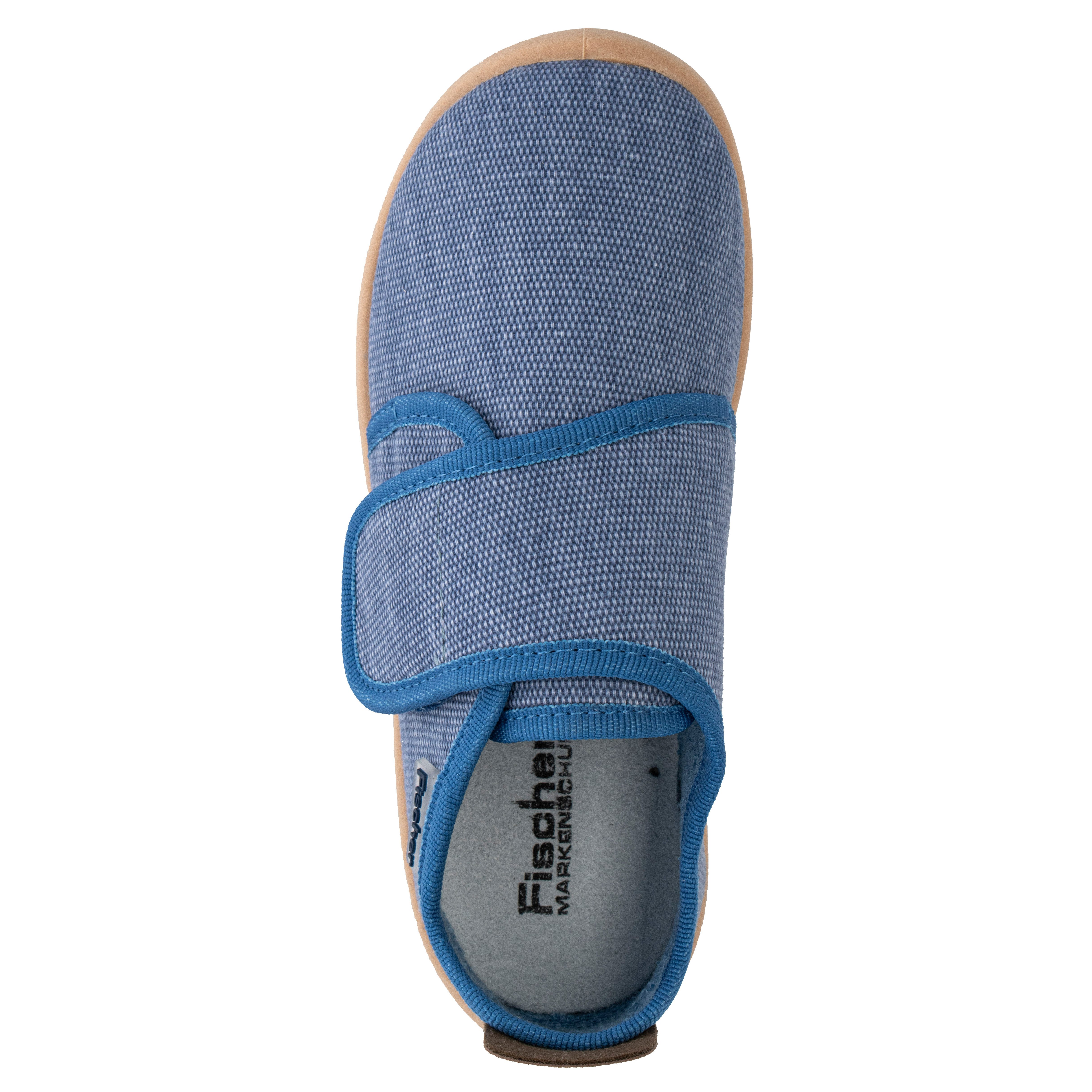 Fischer-Markenschuh Softer Hausschuh für Kinder, aus Baumwollleinen, mit Frotteefutter, Klettverschluss