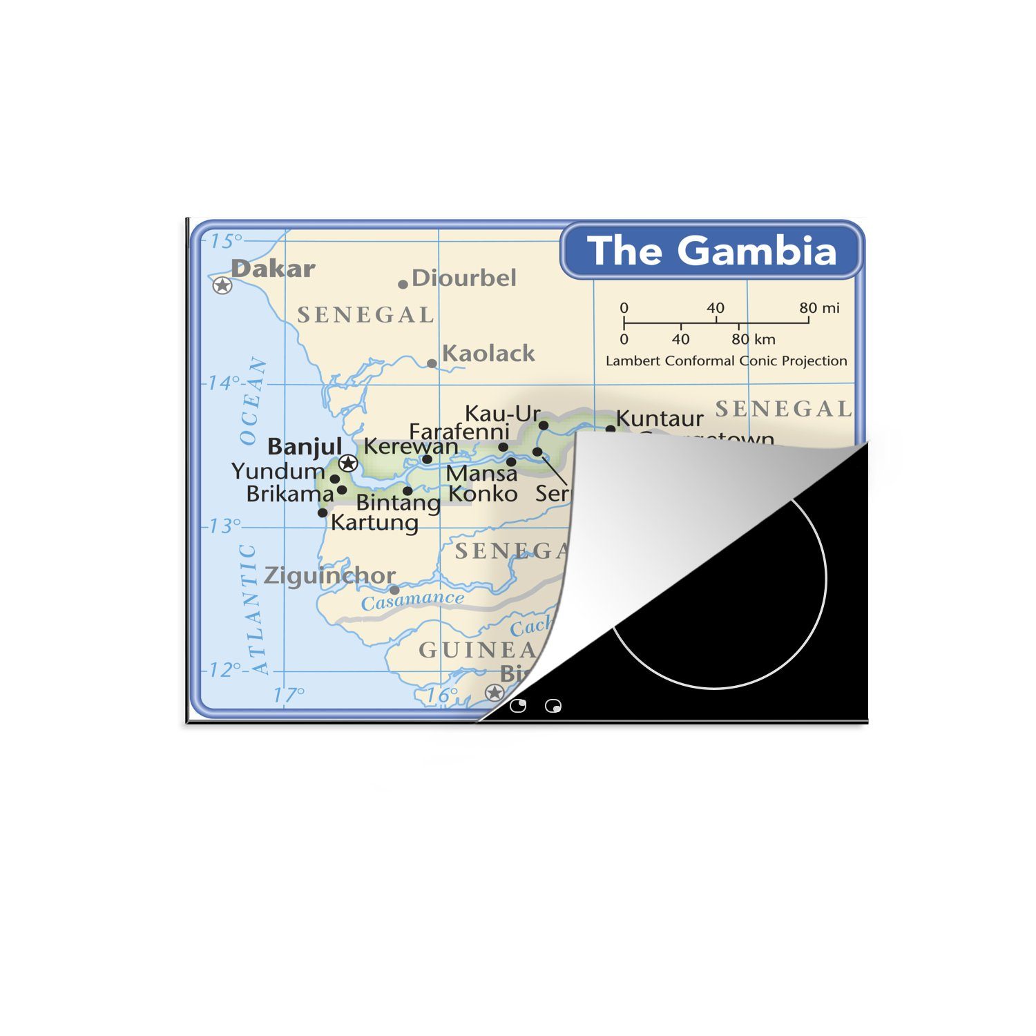 MuchoWow Herdblende-/Abdeckplatte Gambia Illustration mit einem Kompass, Vinyl, (1 tlg), 60x52 cm, Mobile Arbeitsfläche nutzbar, Ceranfeldabdeckung