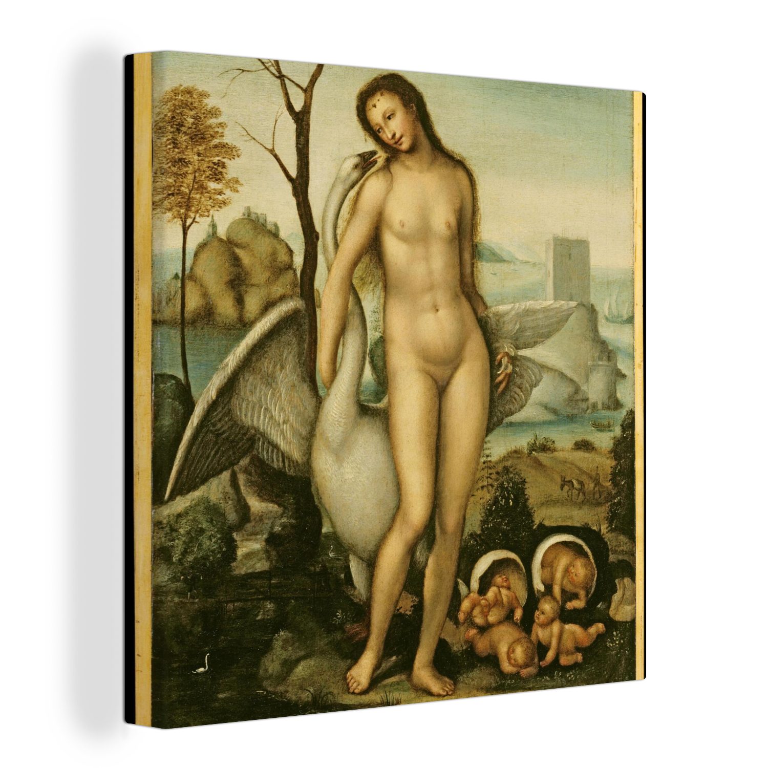 OneMillionCanvasses® Leinwandbild Leda und der Schwan - Leonardo da Vinci, (1 St), Leinwand Bilder für Wohnzimmer Schlafzimmer