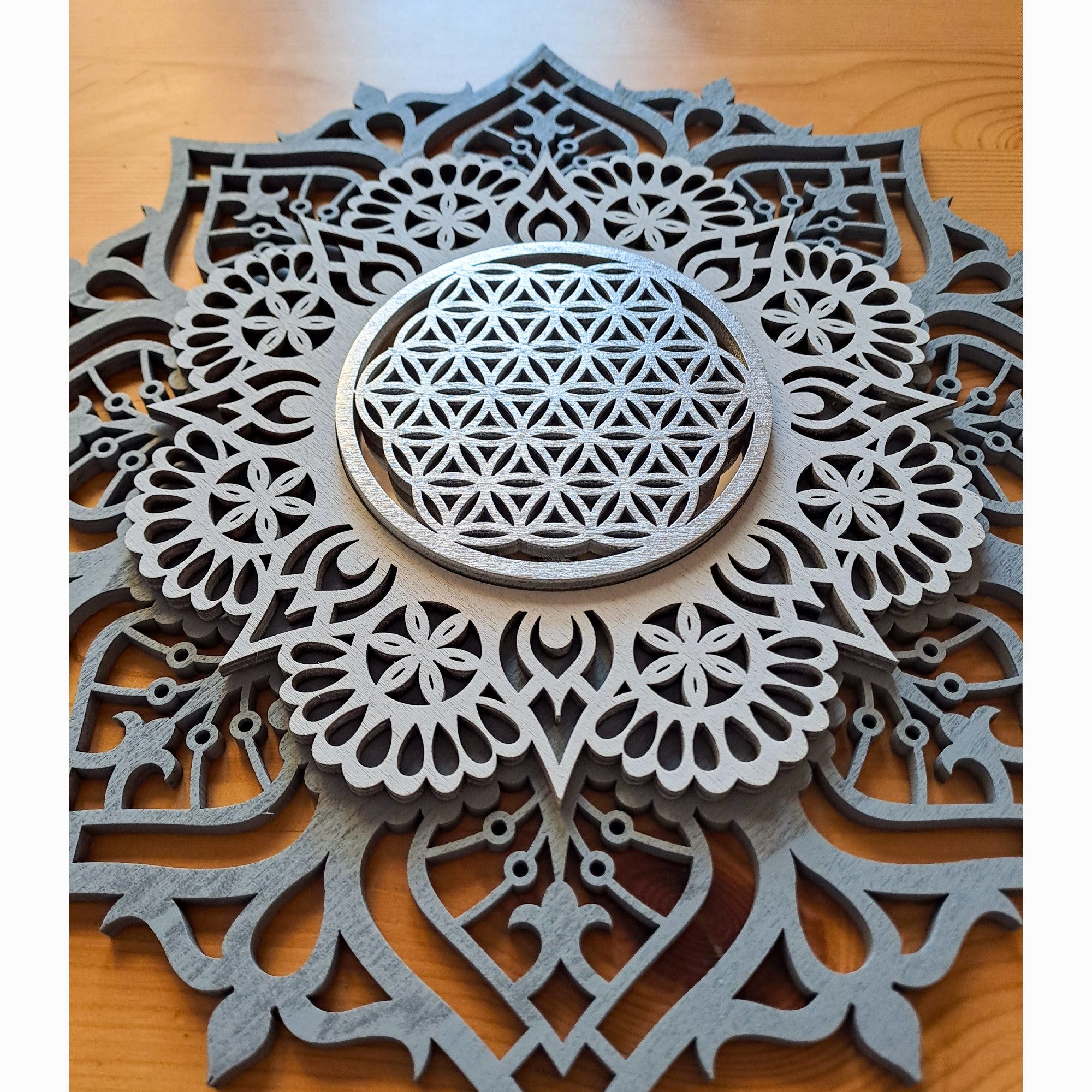 ORNAMENTI Wanddekoobjekt 3D MANDALA, Grosse moderne boho Wanddeko, Holz, 3 Schichten, Spiegel (moderne Deko Anhanger, Yoga Wandsculptur, Holzbild, stilvolle Wanddekoration, Wandpaneel, Ornament, geschnitz Wandrelief), Verzierung fur Zuhause, Wohnzimmer, Schlafzimmer, Wandkunst, 5 Größen