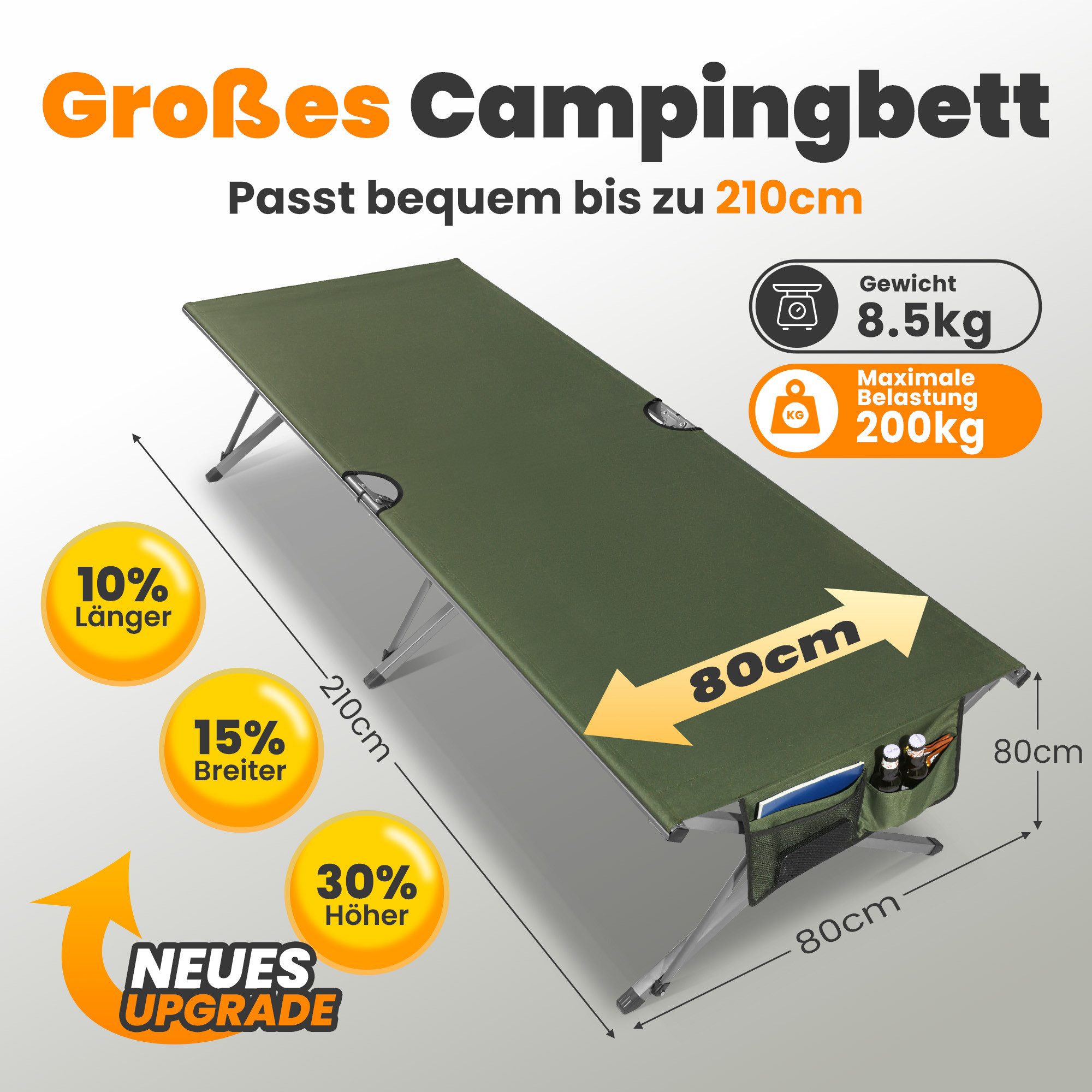 HOMECALL Feldbett Klappbar Campingbett Klappbett karpfenliege XXXL Campingliege (Leicht aufzubauende Schlafbetten für den Außenbereich, 200KG)