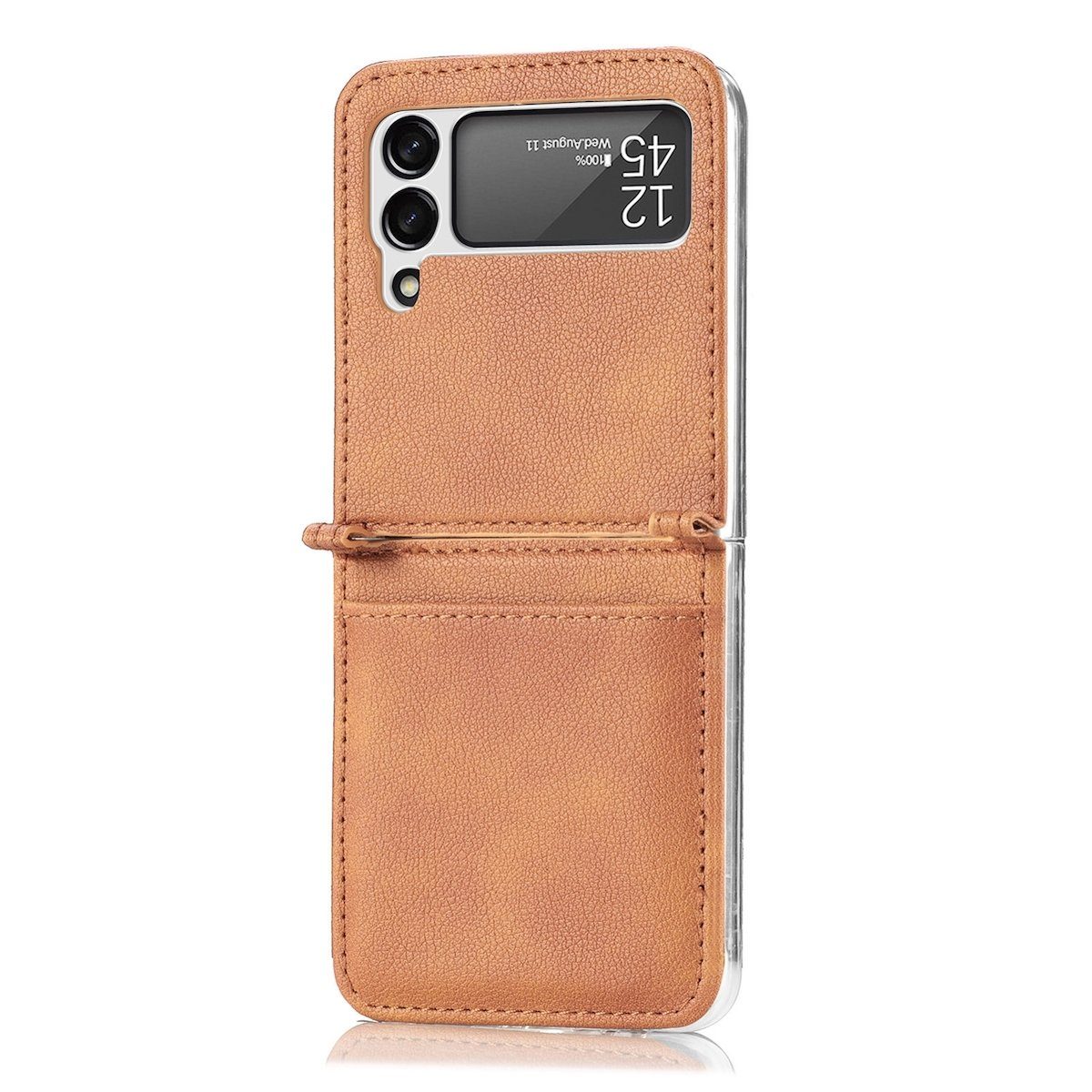 Wigento Handyhülle Für Samsung Galaxy Z Flip4 Faltbare Handytasche mit Kartenfach und Litschi-Textur Schutz Cover Handy Tasche Muster / Motiv Braun Hülle Etuis Muster