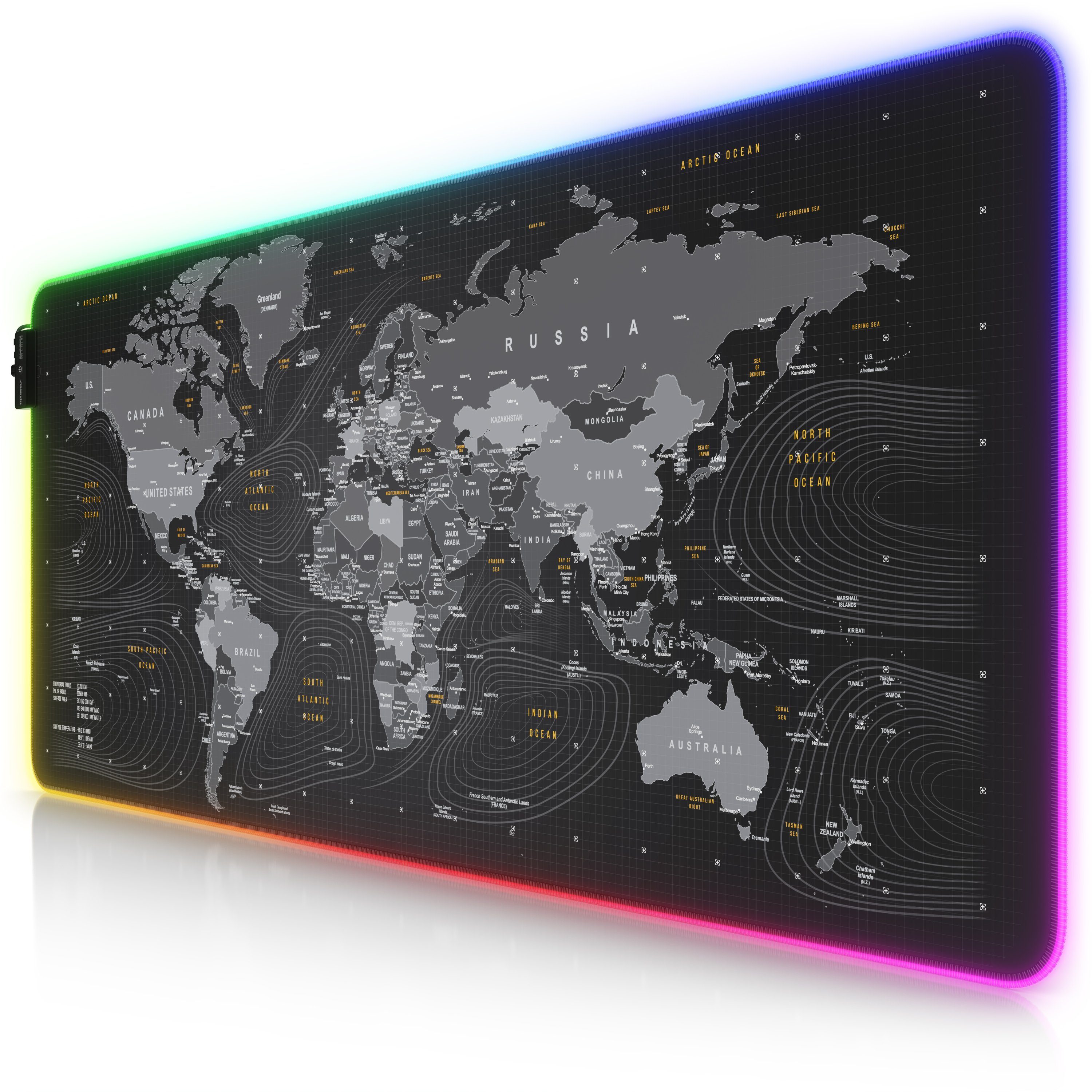 Titanwolf Gaming Mauspad RGB Mousepad 900 x 400 x 3 mm, LED Multi Color XXL Tischunterlage, rutschfest, abwaschbar, Geschwindigkeit & Präzision, Weltkarte Global