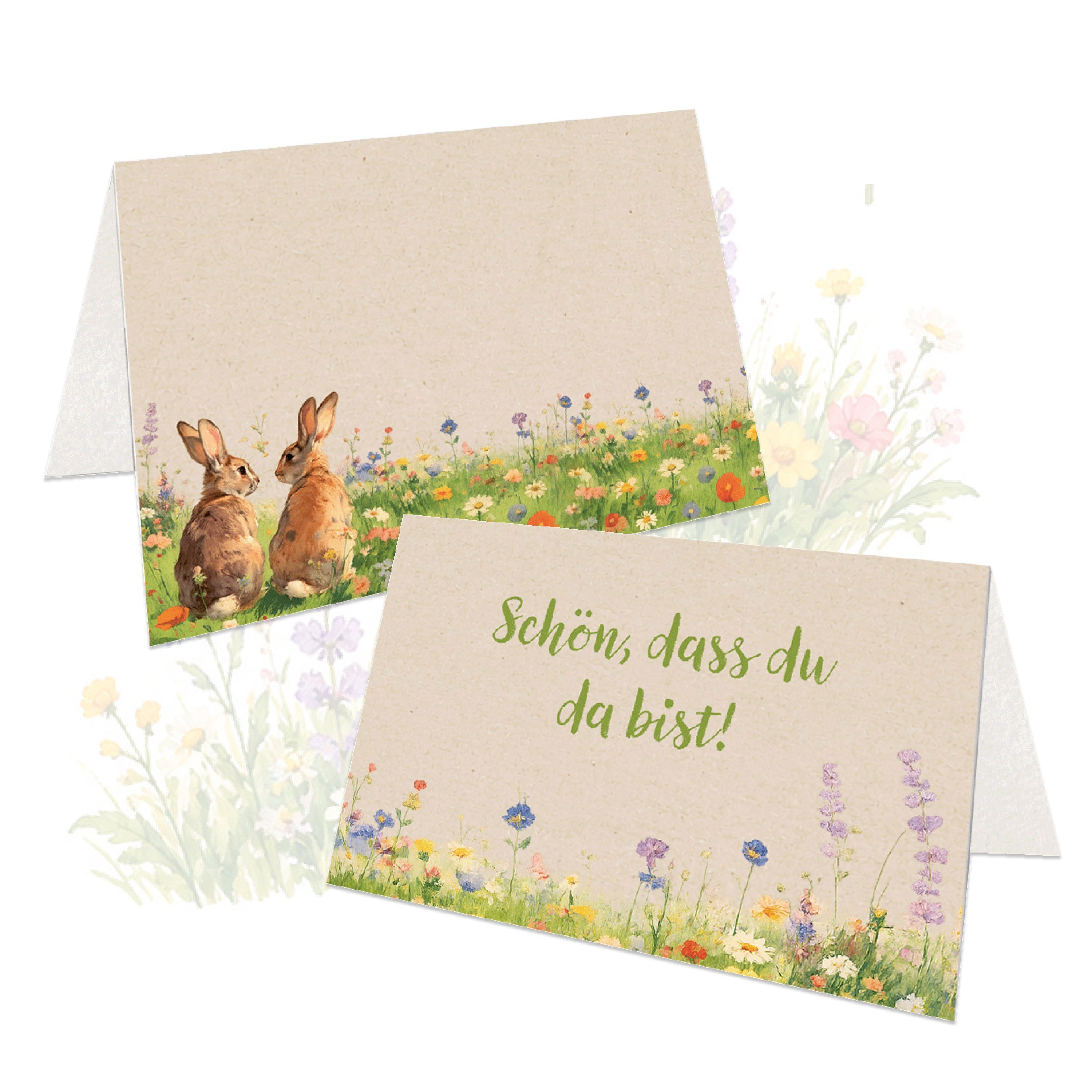 Logbuch-Verlag Klappkarte Tischkarten Ostern 25 Stück mit Hasen auf Blumenwiese, 8,5 × 5,5 cm