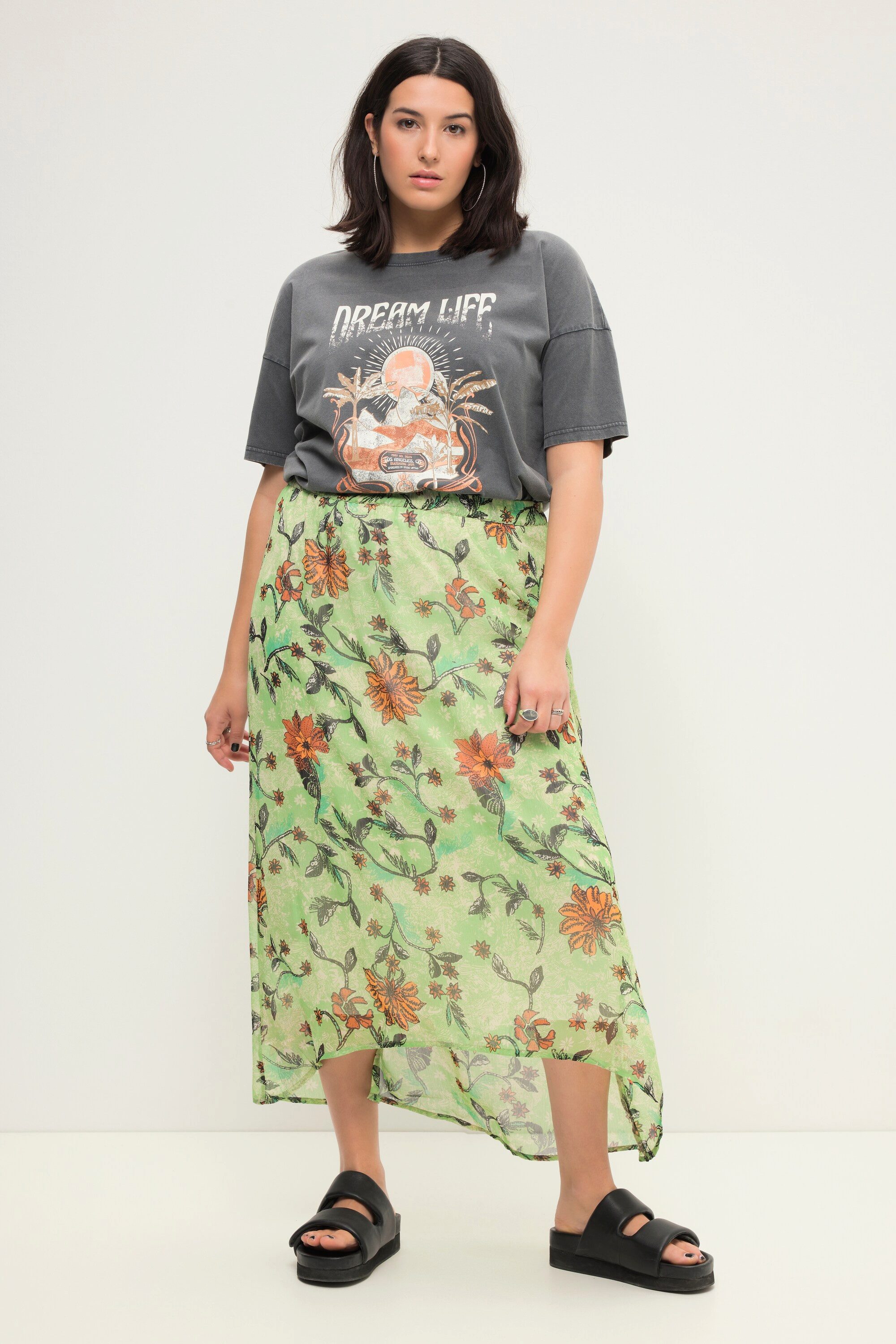Schlupfrock Midirock A-Line Chiffon Flowerprint Elastikbund