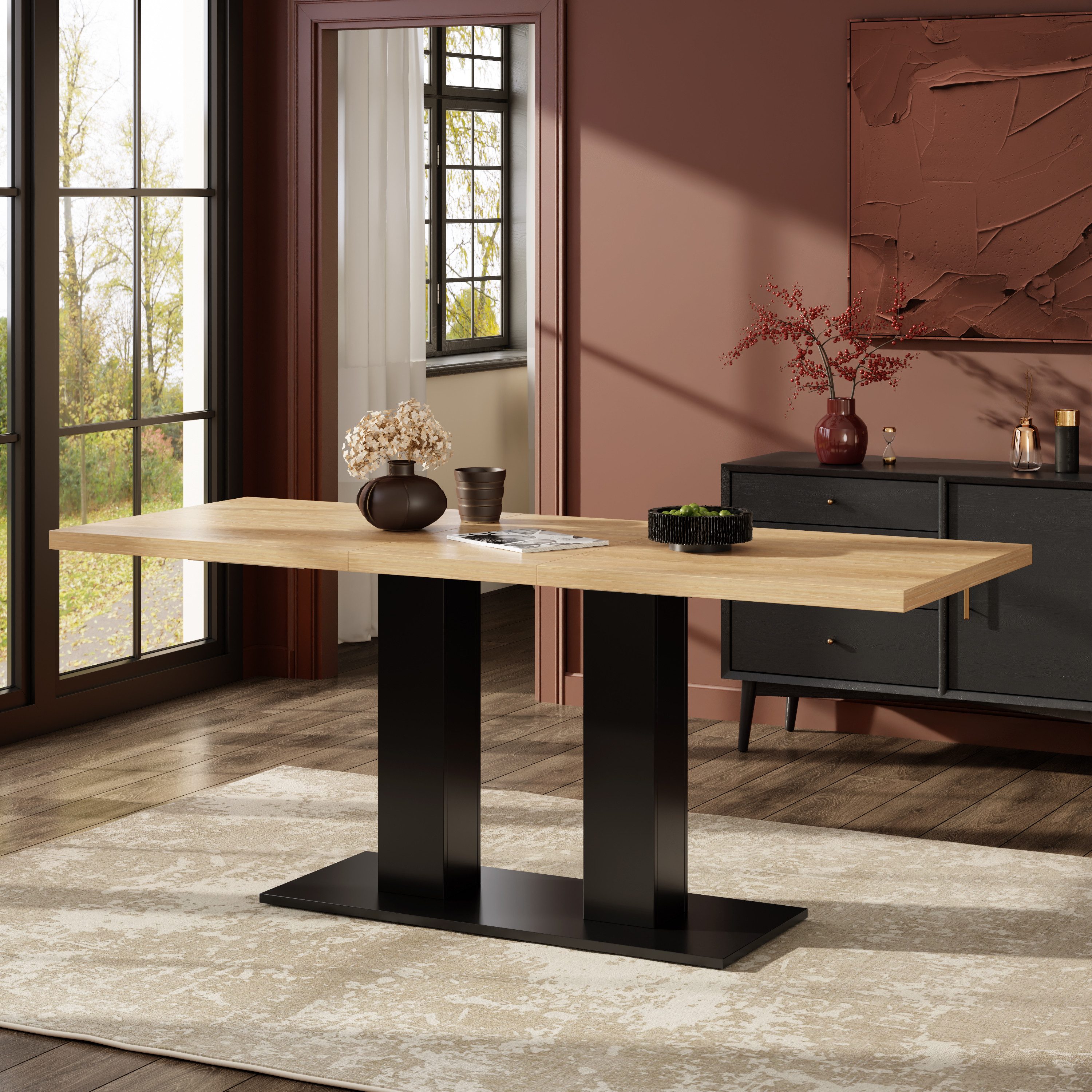 Flieks Esstisch (Länge 140-180/T70/H75 cm, Tischplattenstärke 3cm, 1-St., 1 Tisch), ausziehbarer Küchentisch rechteckig Bürotisch Holzptik Natur&Schwarz – Bild 4 von 5