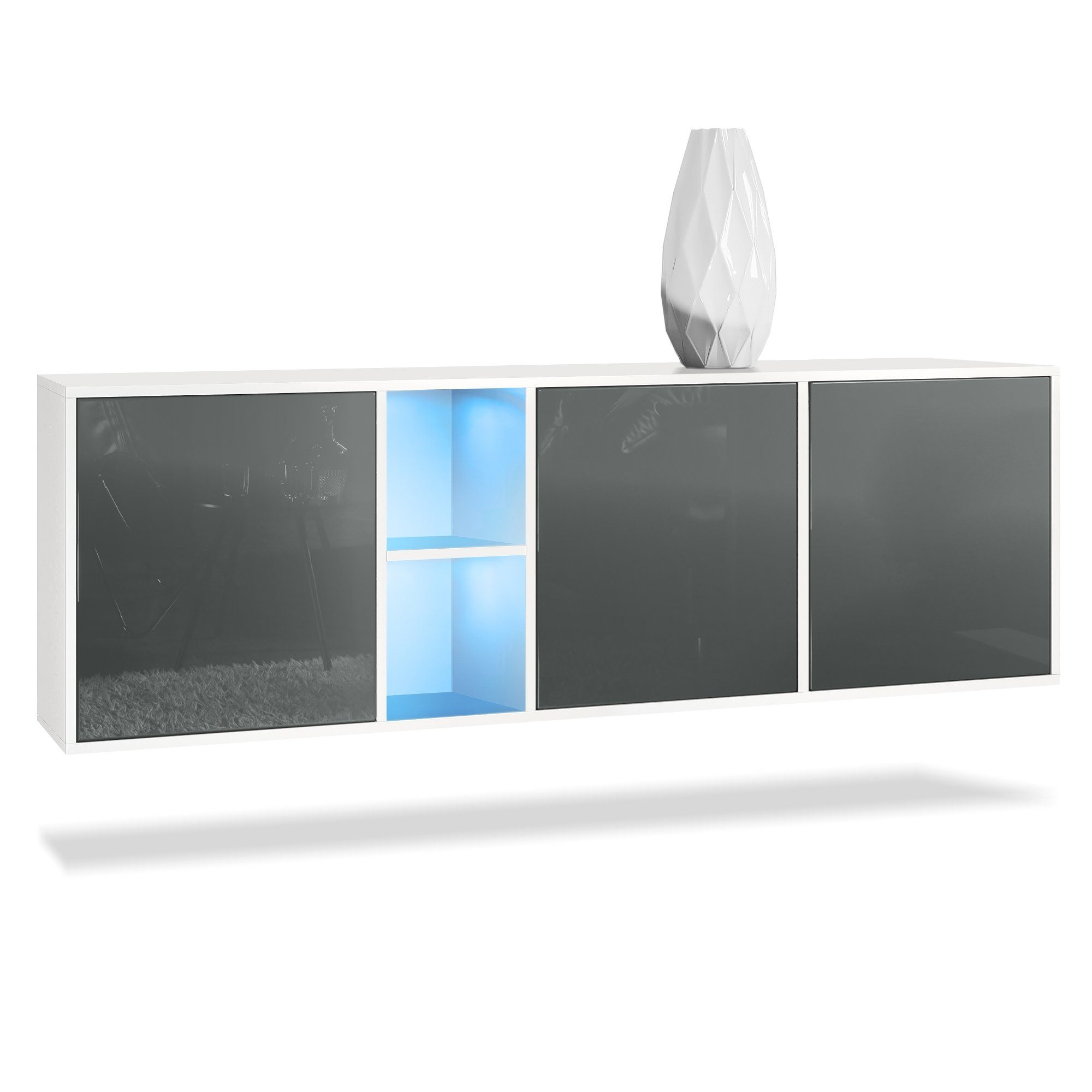 Vladon Sideboard Cuba (Kommode, mit 3 Türen und 2 offene Fächer), Weiß matt/Grau Hochglanz inkl. LED-Beleuchtung (182 x 53 x 35 cm)
