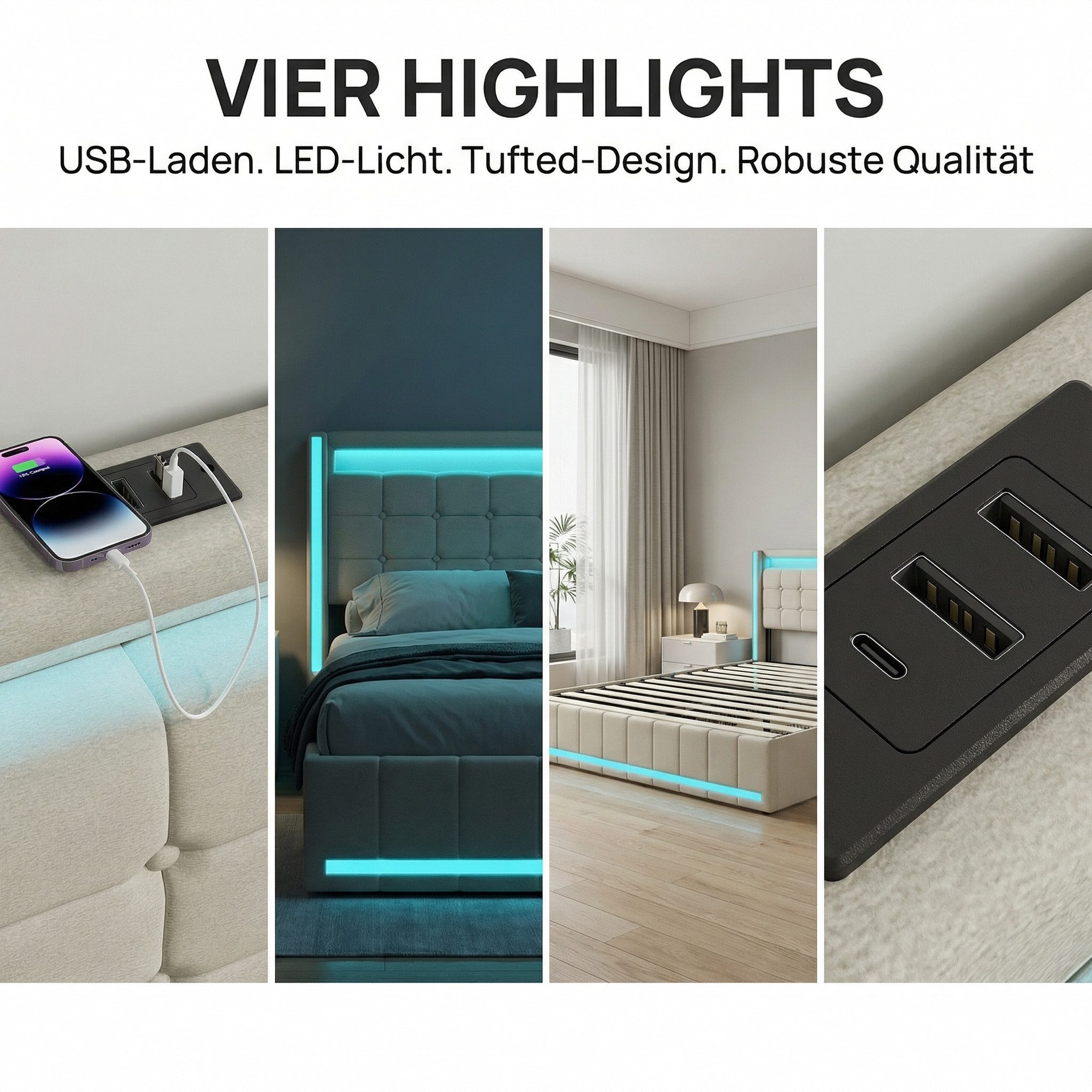 PXloue Polsterbett LED Doppelbett 140x200cm mit Ladefunktion und 4 Schubladen Polsterbett (Geeignet für Jugendliche und Erwachsene), Stauraumbett, mit RGB-LED,  – Bild 5 von 5
