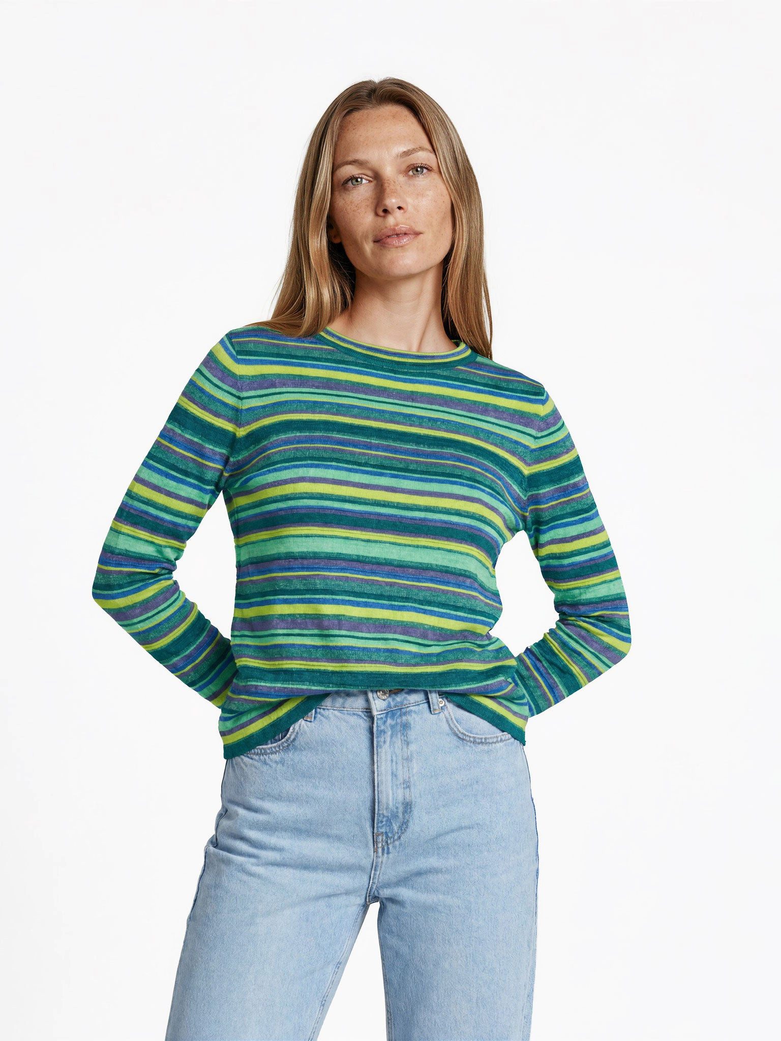 FRISTED Sweater Damen Gestreift Bio Baumwolle Rundhals Modern fit Langarm Figurbetonter Pullover mit Melange-Optik und seitlichen Schlitzen