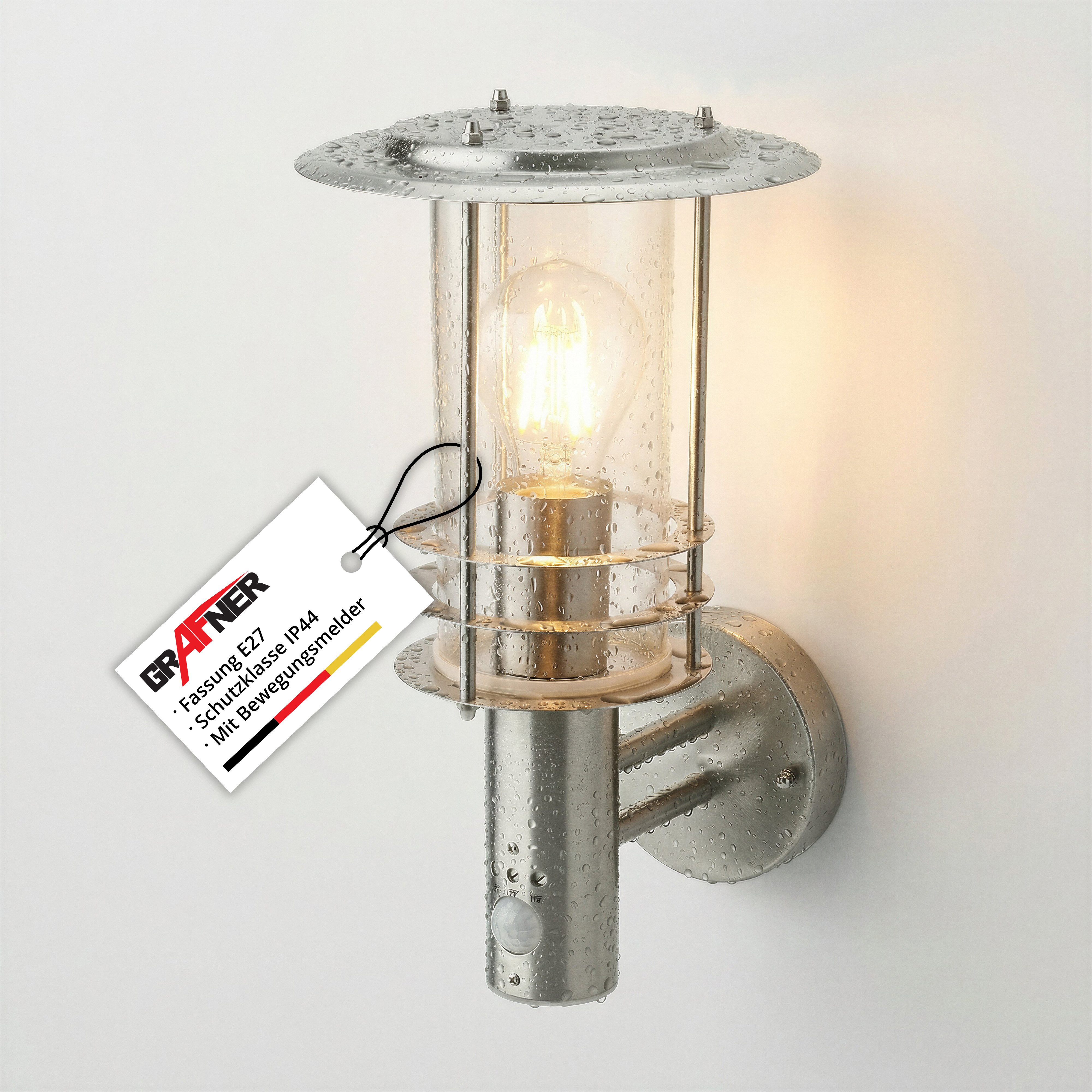 Grafner Außen-Wandleuchte Grafner® Edelstahl Hofleuchte mit Bewegungsmelder für Innen & Außen, ohne Leuchtmittel, ohne Leuchtmittel, für Terrasse Balkon Hauswan – Bild 3 von 5