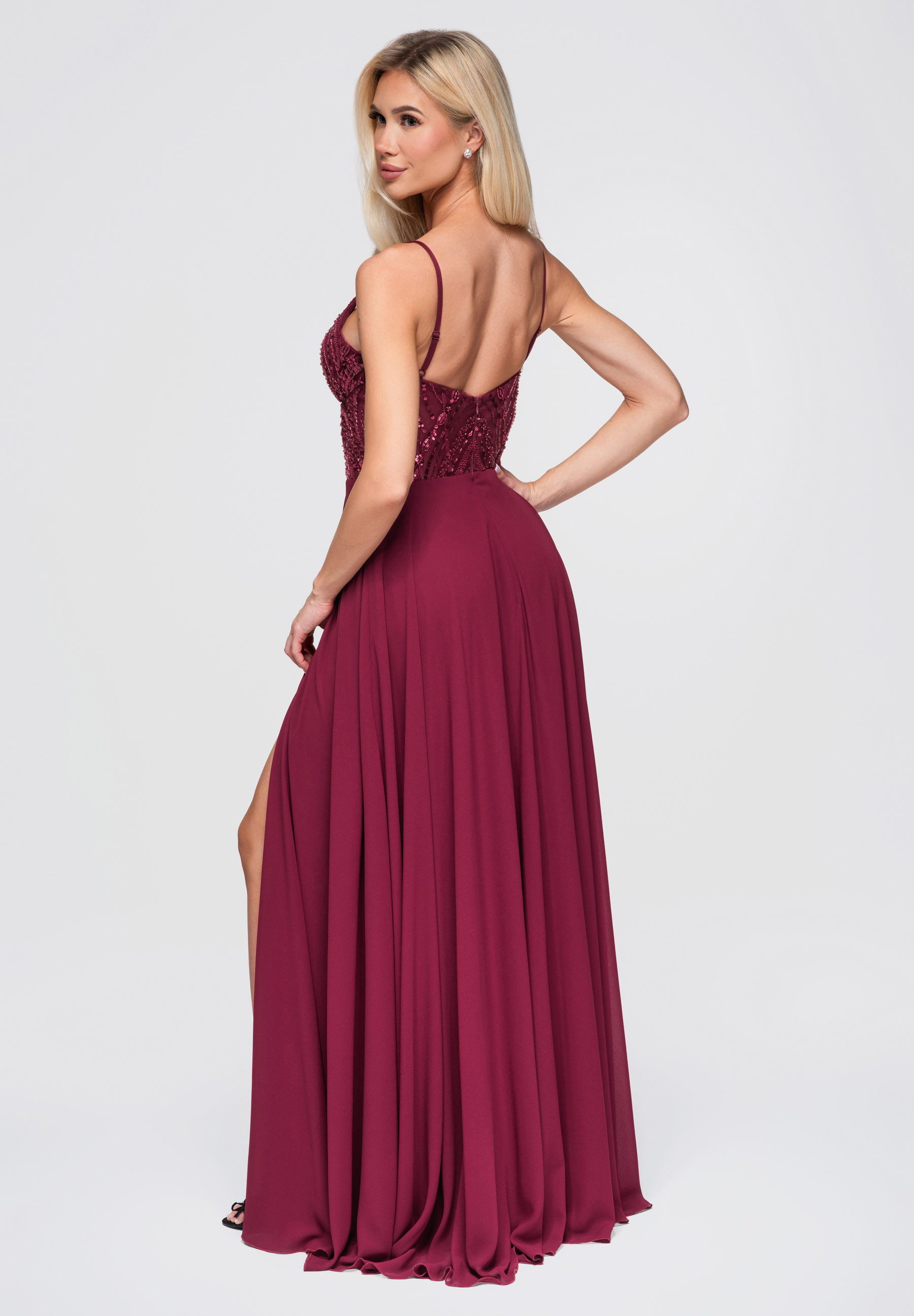 OMBRE Abendkleid Damen Abendkleid mit tiefem Dekolleté und Gorsettschnitt Bordeaux S (kein Set, 1-tlg)