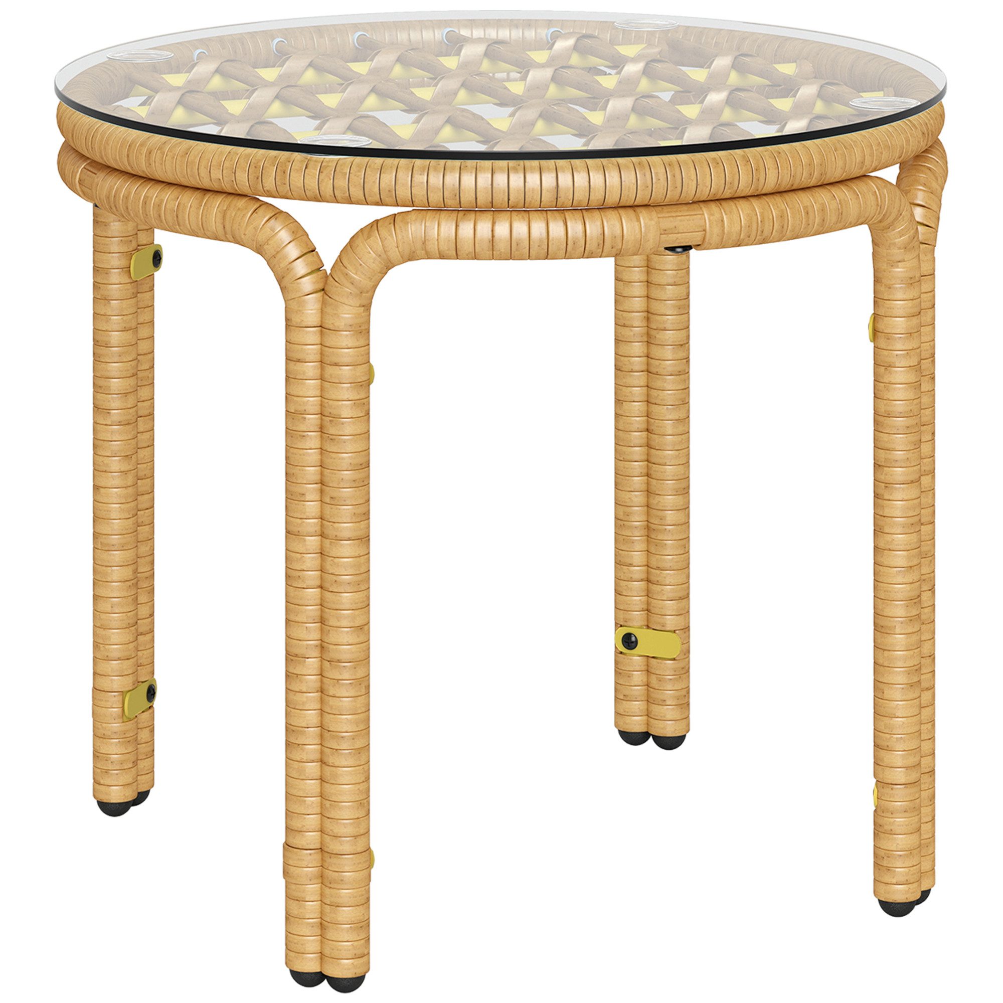 Outsunny Beistelltisch mit Glas Tischplatte (Gartentisch aus Polyrattan, 1-St., runder Couchtisch), für Wohnzimmer Garten Terrasse Balkon, Ø50 cm Gelb