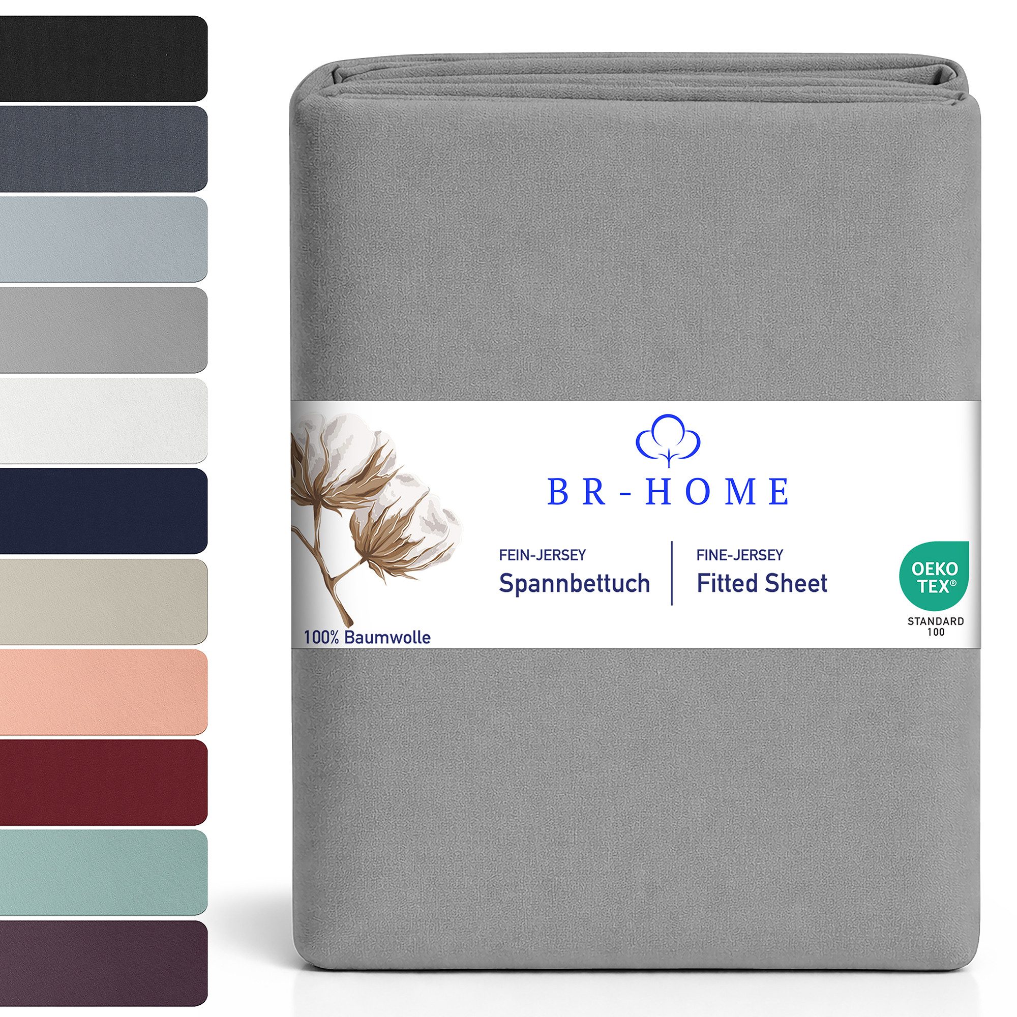 BR-Home Spannbettlaken bis zu 25cm, 100% Baumwolle Jersey Bettlaken, Spannbetttuch 145 g/m², Gummizug: rundum, (1 Stück), Rundumgummi, Atmungsaktiv