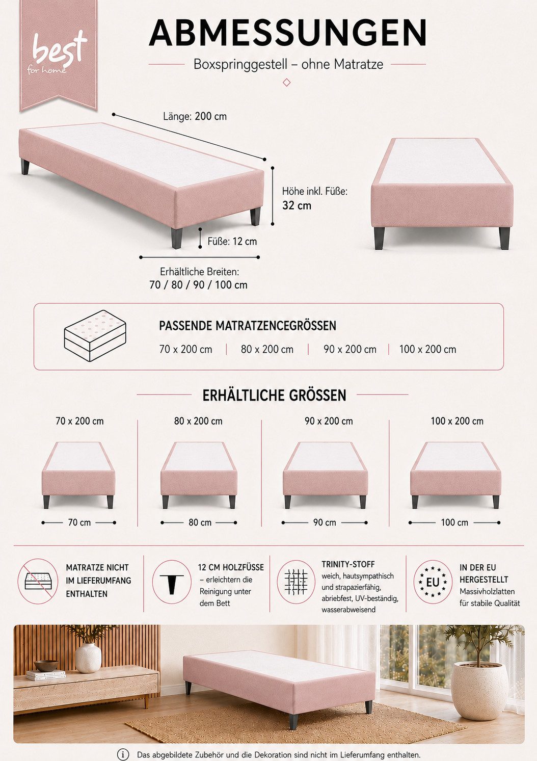 Best for Home Boxspringbett Rahmen – Massivholz, 12 cm Füße, Stabil & Zuverlässig (Seniorebett, Matratze, Jugendbett, Kinderbett, 70x200 80x200 90x200 100x200 c – Bild 5 von 5
