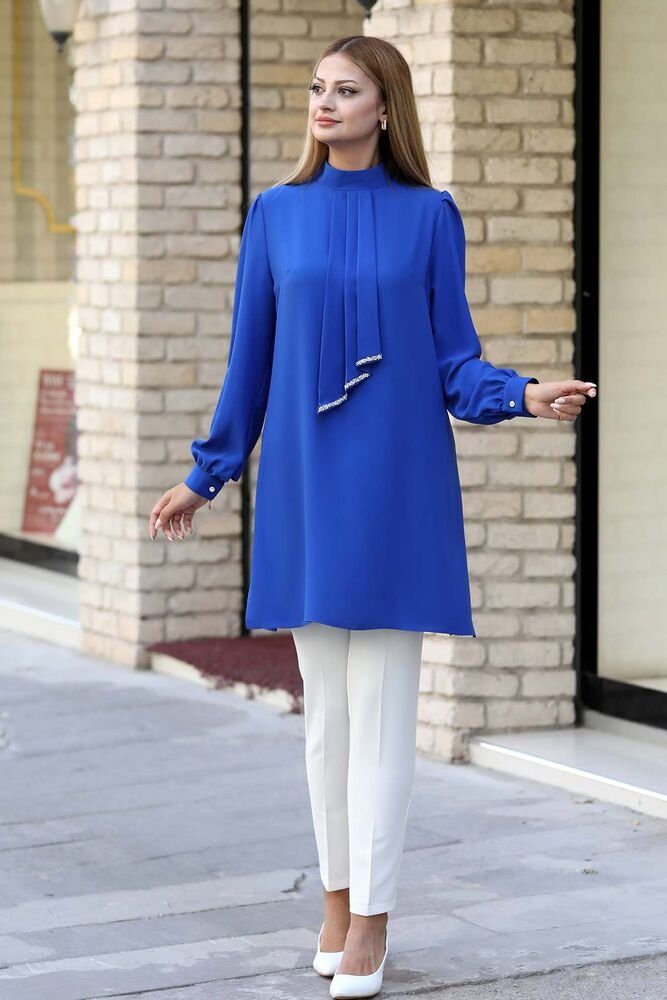 Fashion Modavitrini Mode Tunika Hijab Krawatten Modest lange Longtunika Detail Tunika Damen Blau