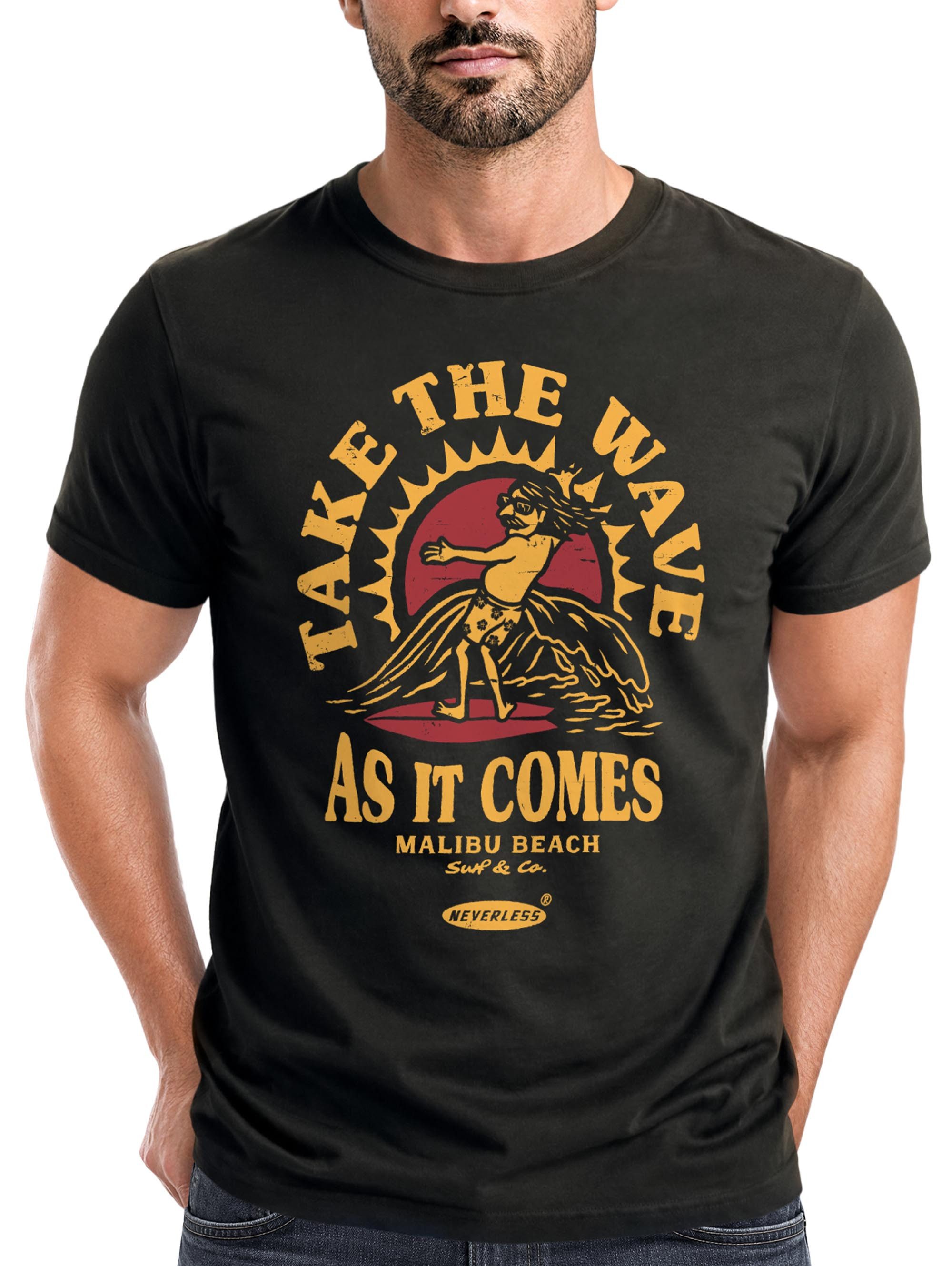 Neverless Print-Shirt Herren T-Shirt Surfer Spruch Take the Wave Welle Surfing Fashion mit Print