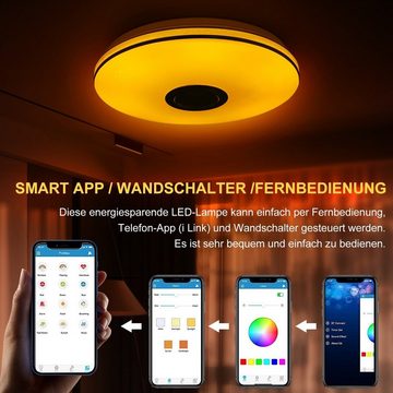 iscooter Deckenleuchte LED Deckenlampe Bluetooth Lautsprecher RGB Dimmbar, LED fest integriert, Warmweiß, Naturweiß, Kaltweiß, RGB, Streamer-Licht mit Lautsprecher, Badleuchte Wohnzimmer Küche Flur Lampe