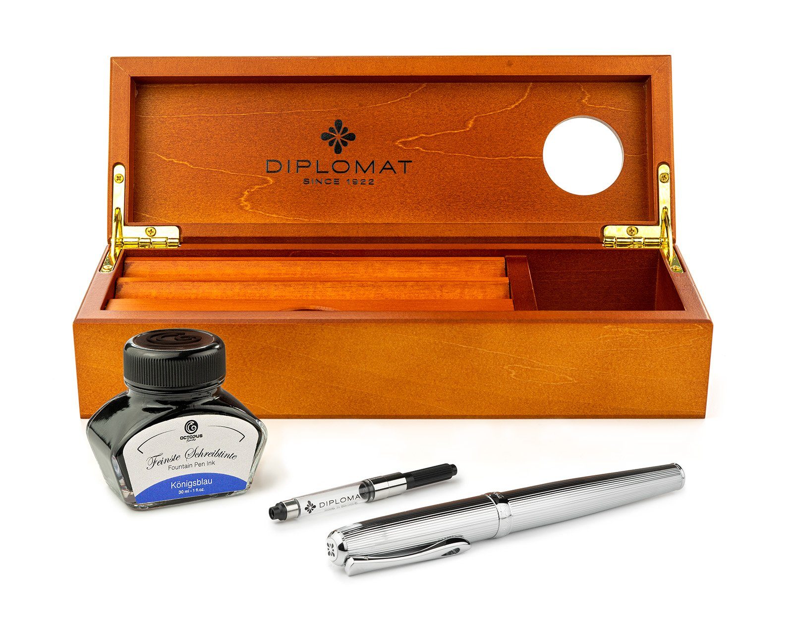 DIPLOMAT Excellence A2 guillochiert Chrom mit Stiftetui, (Komplett-Set mit Tintenkonverter, Schreibtinte Königsblau von Octopus Fluids und Holzetui), MADE IN GERMANY