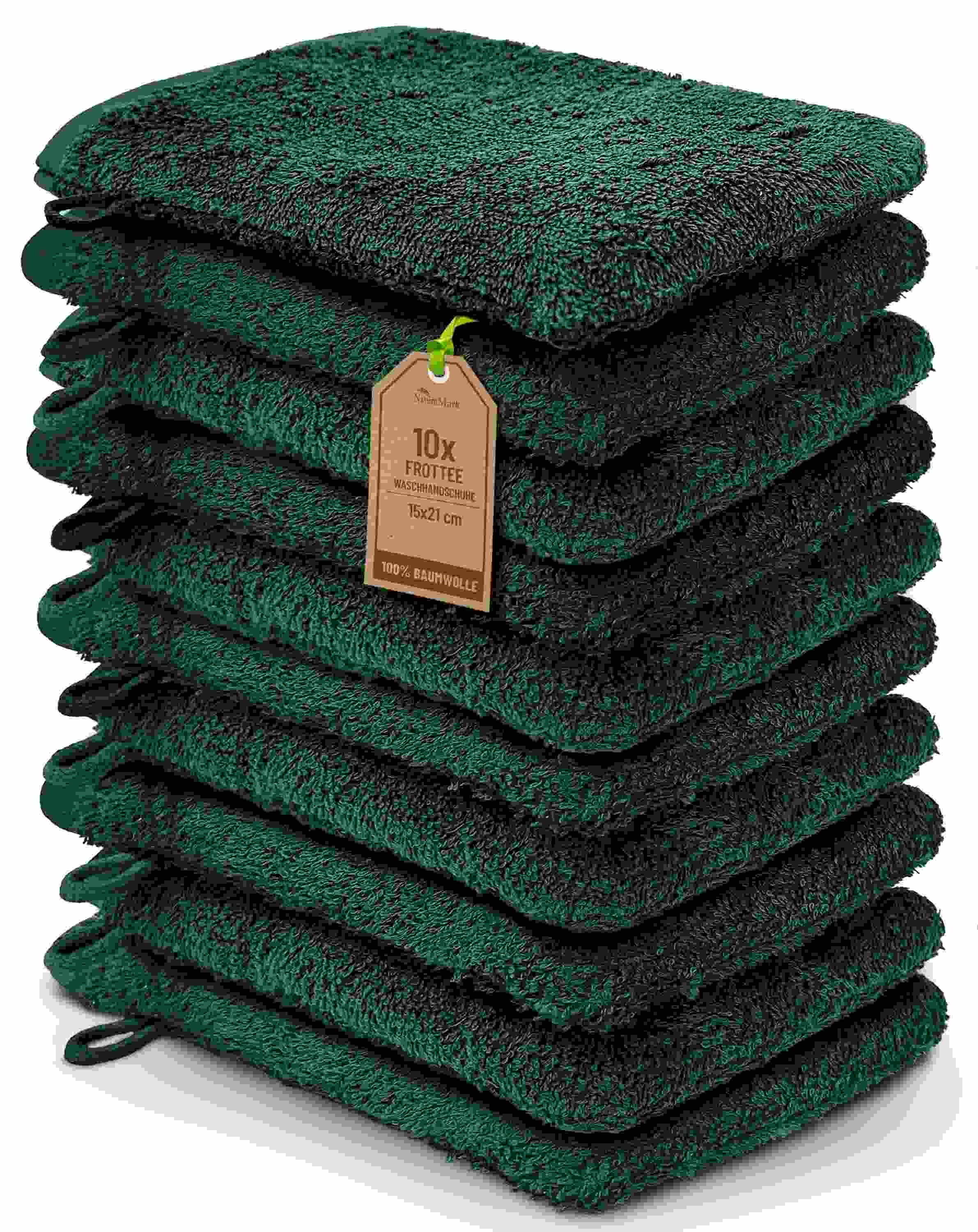 NatureMark Waschhandschuh 10er-Set Frottier Замшевые перчатки, 100% Baumwolle (10-St), Premium Frottier Замшевые перчатки, 15x21cm, Dunkel grün