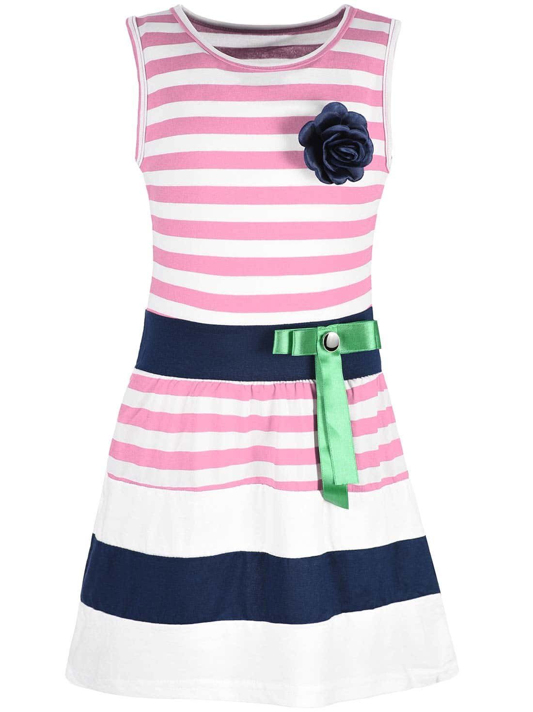 KMISSO Jerseykleid Mädchen Sommer Kleid gestreift mit Schleife 30049 (1-tlg) Schleife Rosa