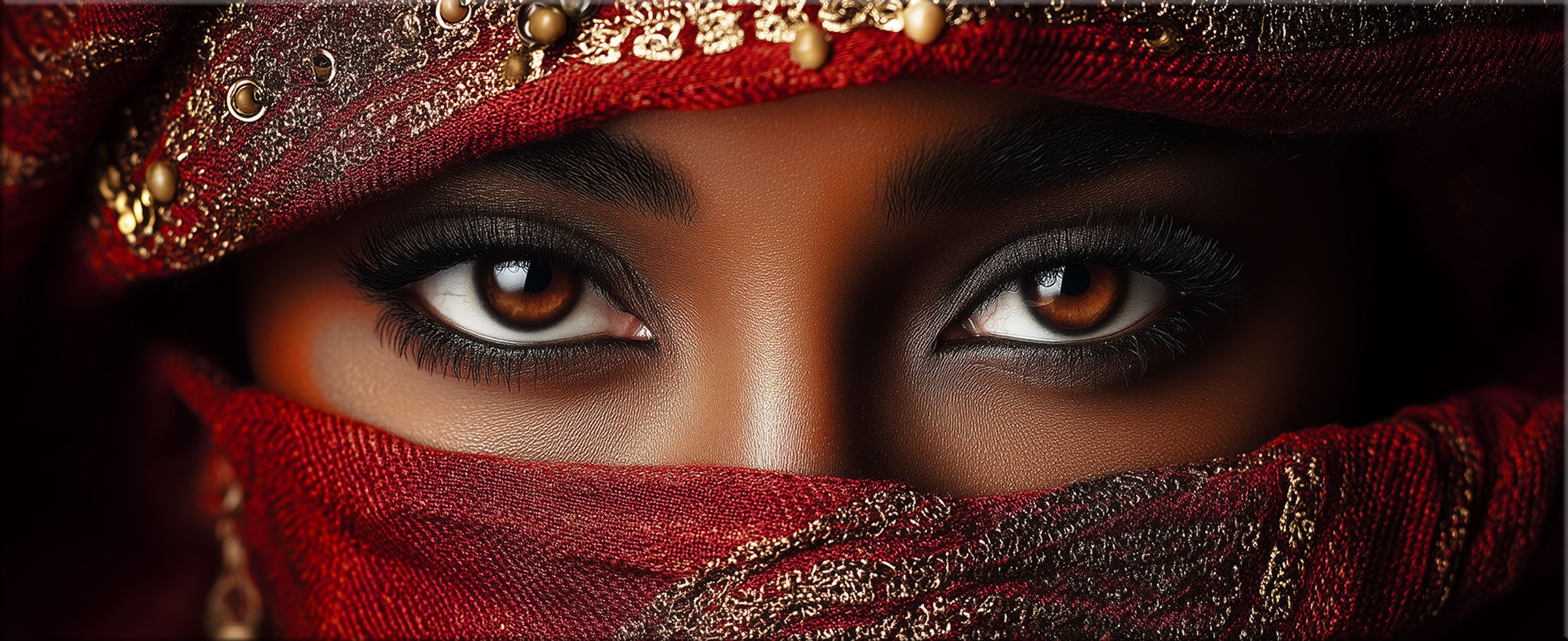 artissimo Glasbild XXL Bild aus Glas 125x50 cm / Panorama Wandbild groß / Wanddeko modern, Frauen Portrait: weiblicher Tuareg in rot rold