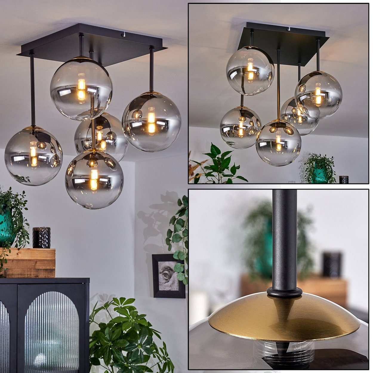 hofstein Deckenleuchte Deckenlampe aus Metall/Glas in Schwarz/Goldfarben/Rauchfarben/Klar, ohne Leuchtmittel, Leuchte im Retro-Design aus Glas, 5 x G9 LED, ohne Leuchtmittel