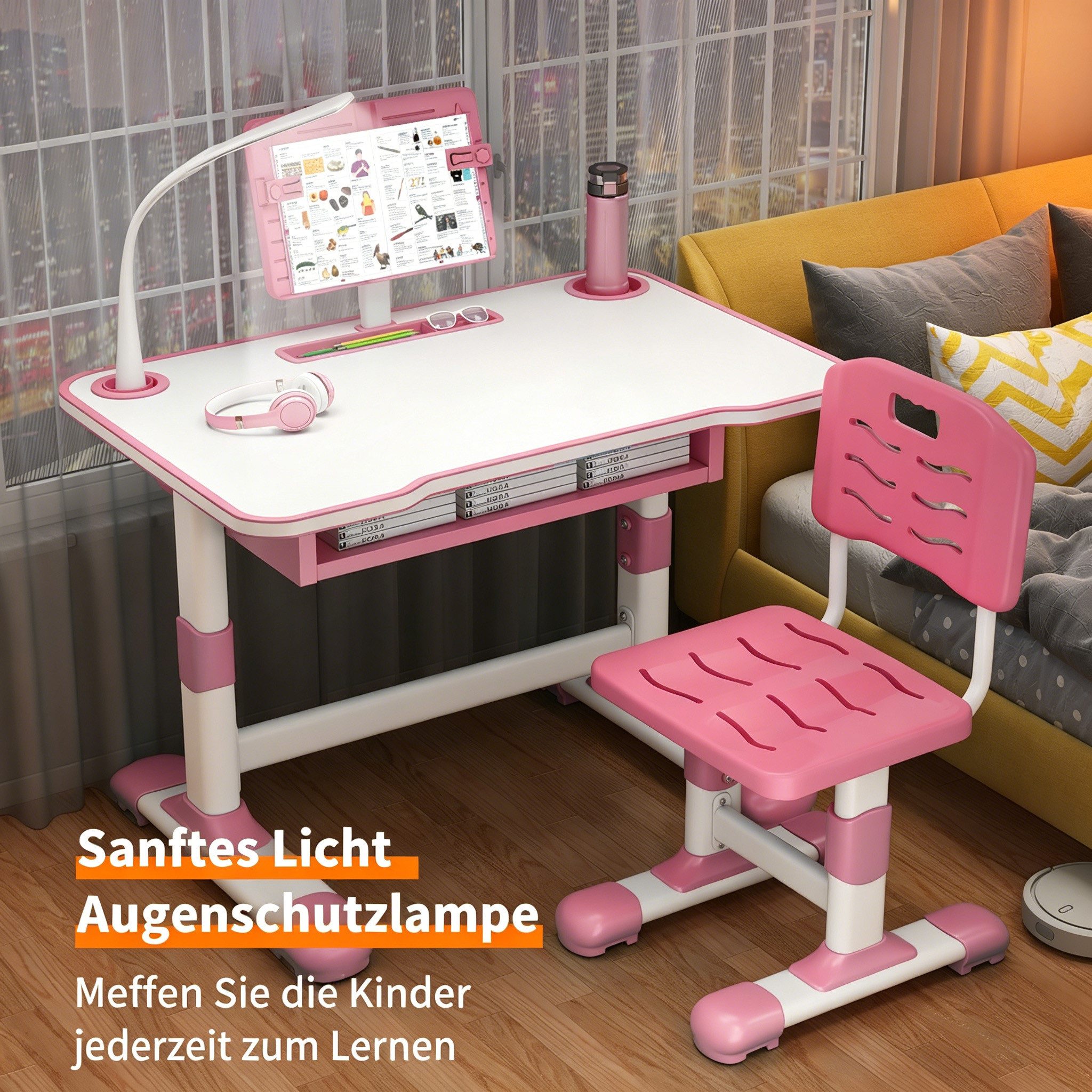 Rutaqian Kinderschreibtisch Kinderschreibtisch höhenverstellbar, Schreibtisch Kinder mit Stuhl (Höhenverstellbarer Ergonomischer Schreibtisch-Stuhl Set), Kinderschreibtisch-Stuhlset mit Tischlampe für Jungs und Mädchen