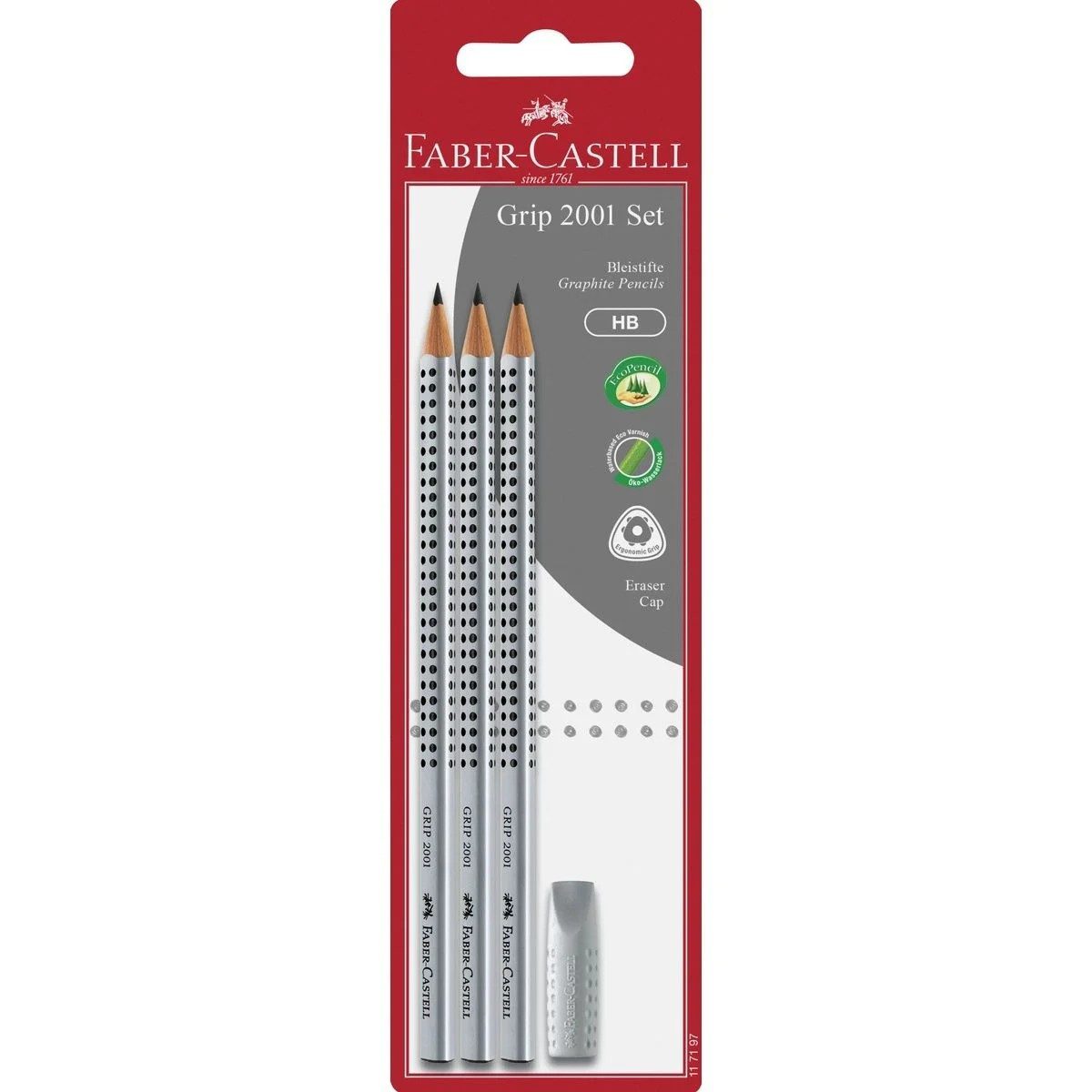 Faber-Castell Bleistift Bleistift GRIP 2001 Härtegrad HB 3er Packung mit einem Radierer