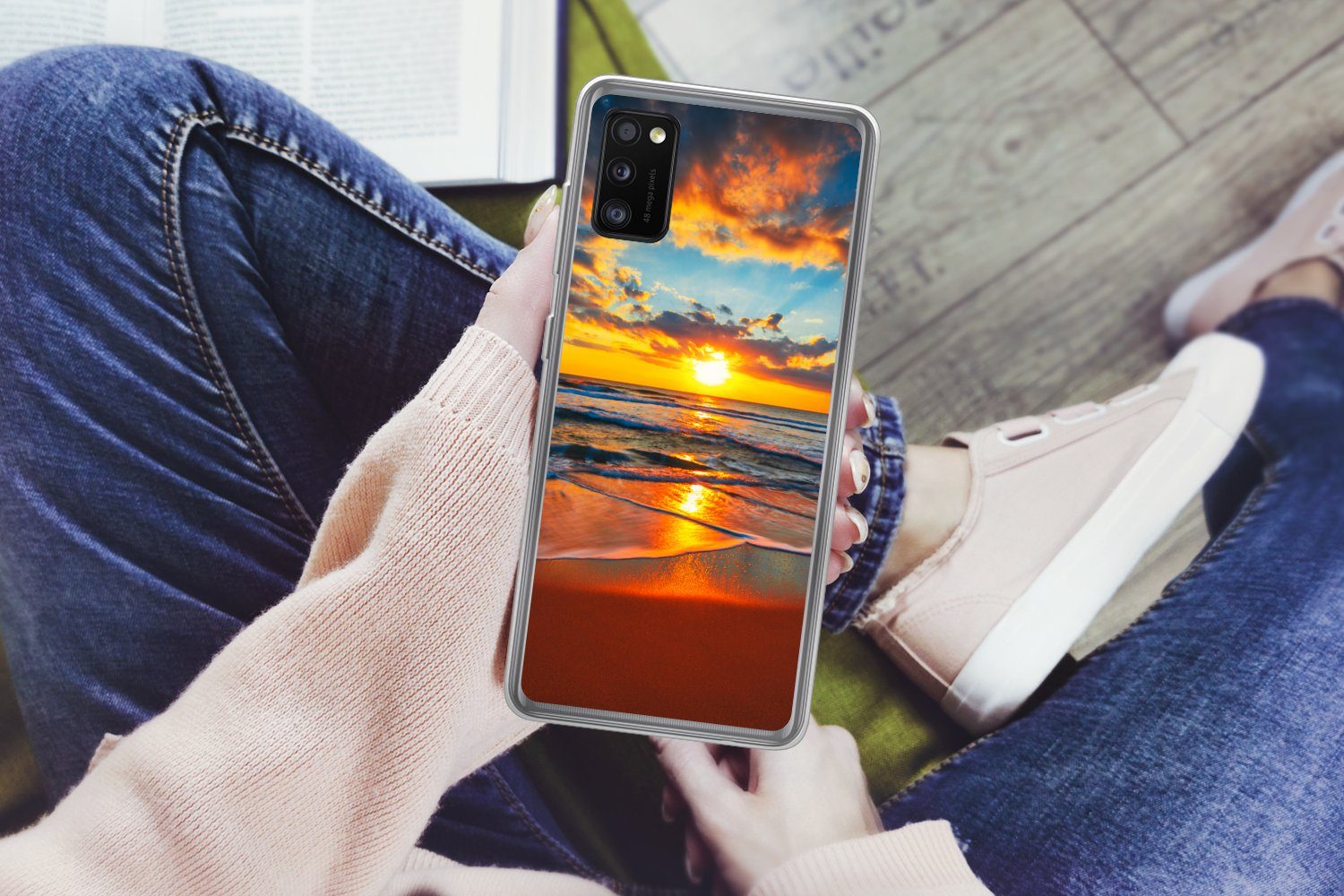 MuchoWow Handyhülle für Samsung Galaxy A41 Meer - Sonnenuntergang - Strand - Wolken - Oran, Smartphone-Bumper, Print, Handy Schutzhülle Dünn