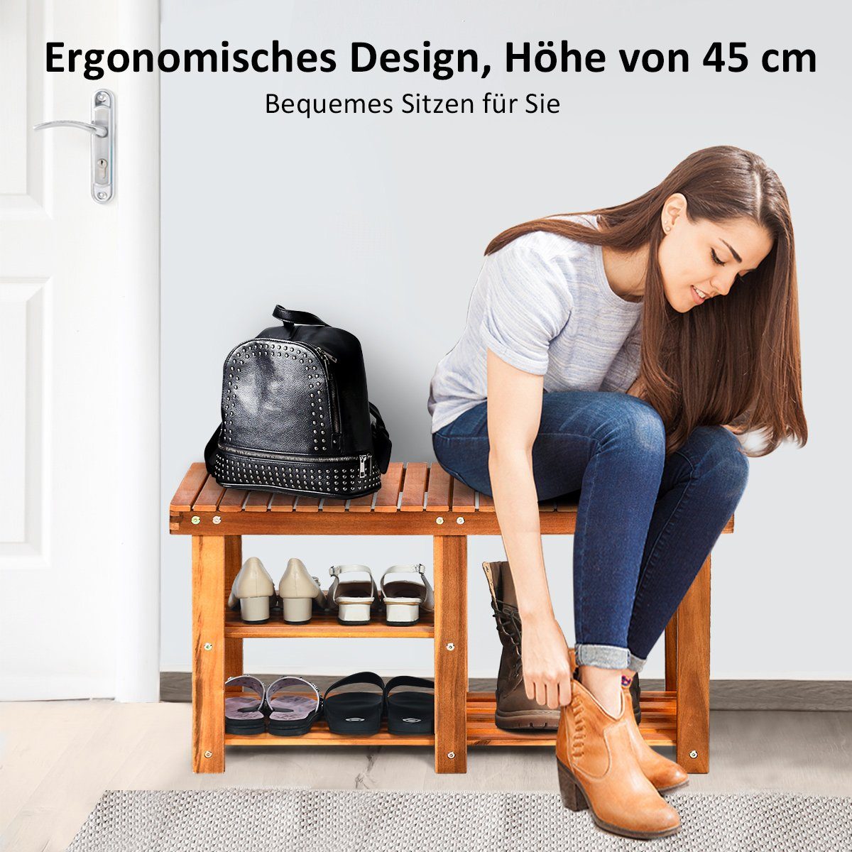 COSTWAY Schuhregal, mit Sitzbank & 2 Ablagen, stehend, Massivholz, 87x28x45 günstig online kaufen